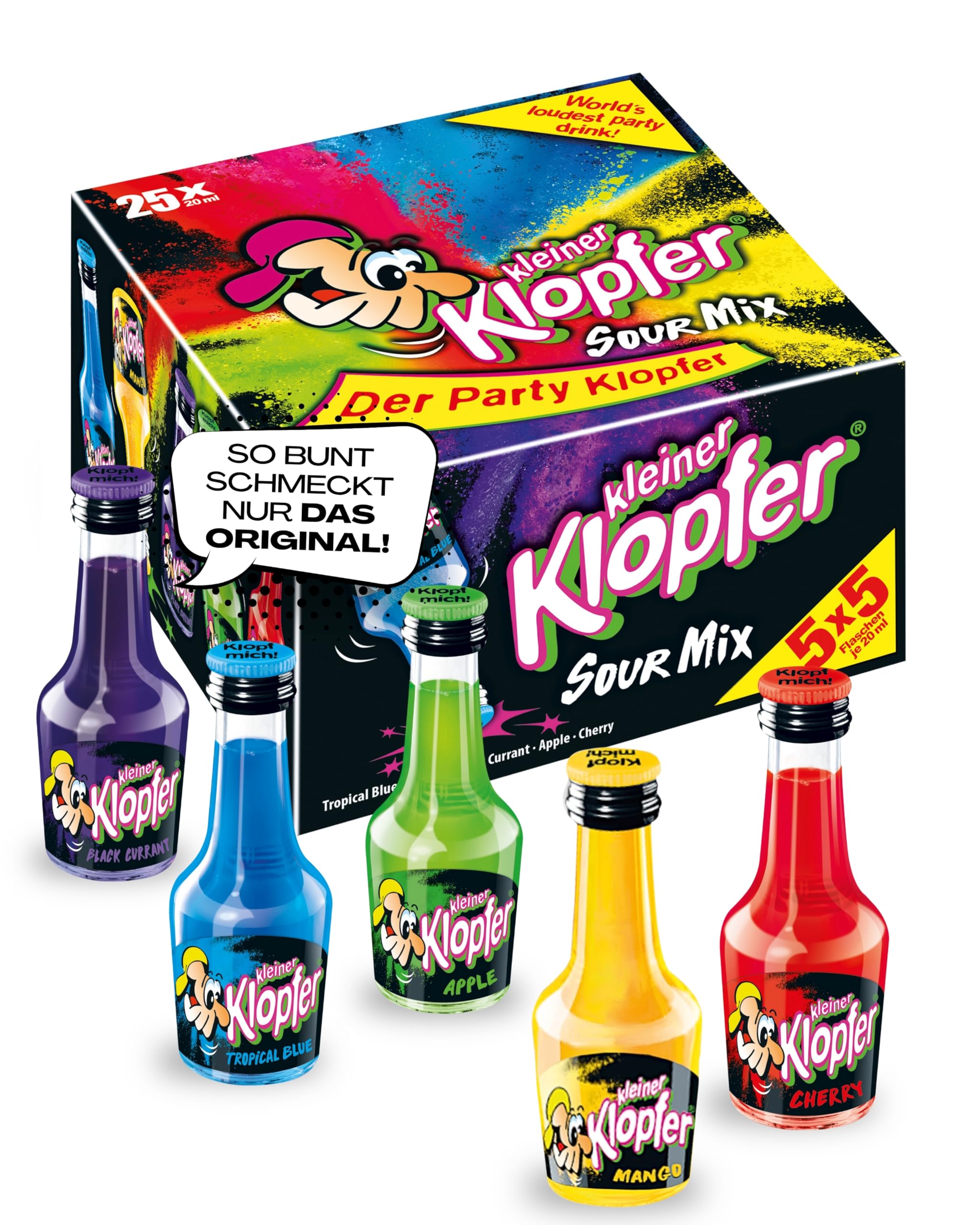 Kleiner Klopfer Sour Mix I 25 Mini Liköre à 20 ml I 5 beliebte Sorten Tropical Blue, Mango, Black Currant, Apple & Cherry I 15 % Vol. I Likör-Mix für Geburtstag & Karneval