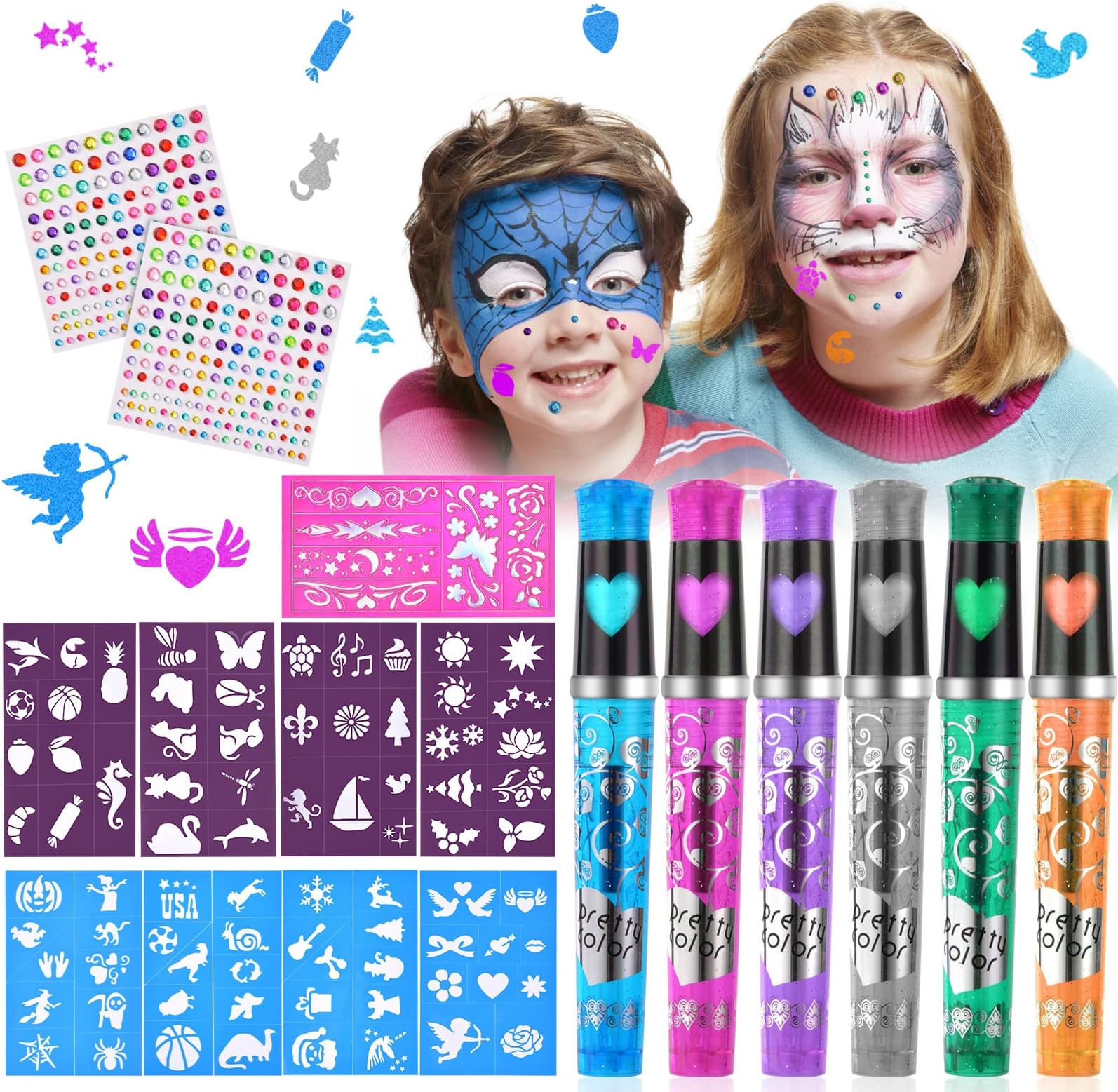 Kit Maquillage Halloween - 2 Tatouages Joker + 3 Peignes à Craie + Peinture Visage Blanc/bleu/rouge - Pour Déguisement Et Fête