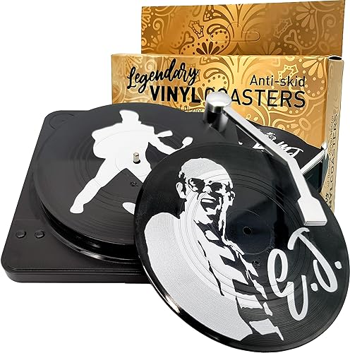 Miniatura 10 de Divertidos posavasos retro para discos de vinilo, juego de 6 posavasos creativos con soporte para tocadiscos de vinilo para amantes de la música,