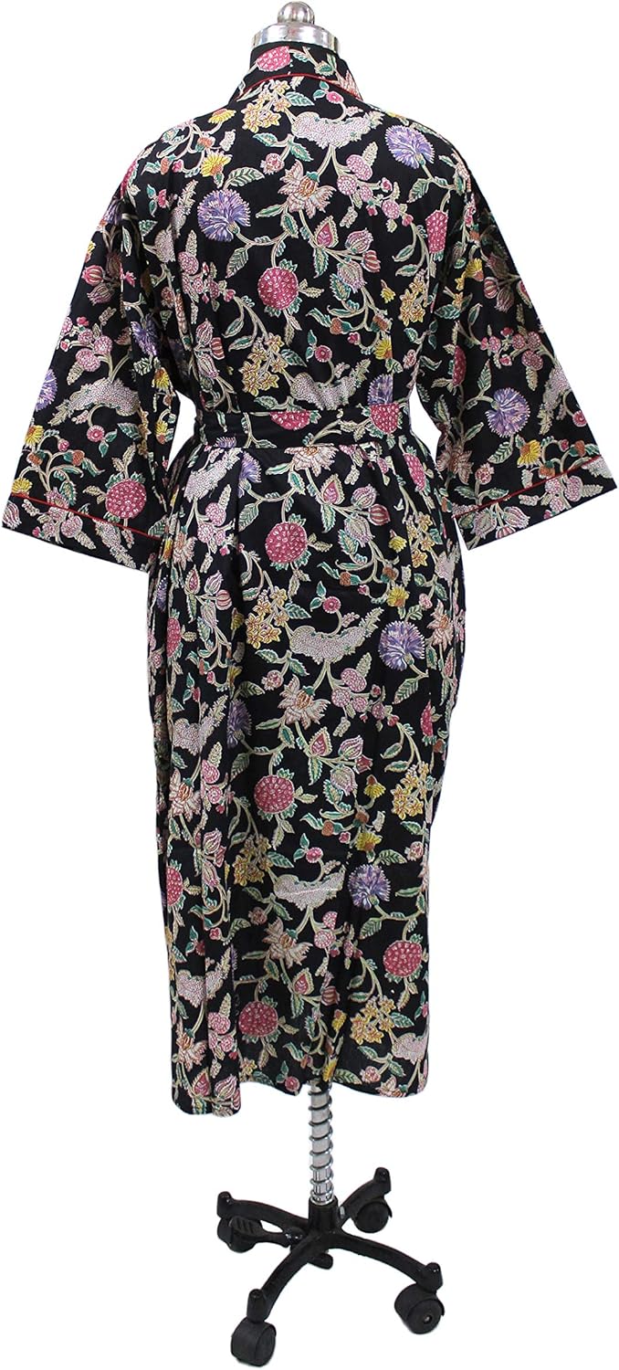 CRAFT KALA Women's Kimono Robe Long Robes with Peacock and Blossoms Printed Kimono Nightgown - Image 9