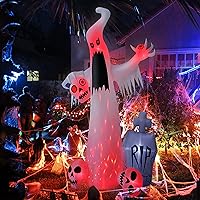 Vista 8 de Inflables de Halloween de 12 pies para exteriores, decoración de patio, fantasma blanco de terror con 3 cabezas de calavera sangrante, lápida