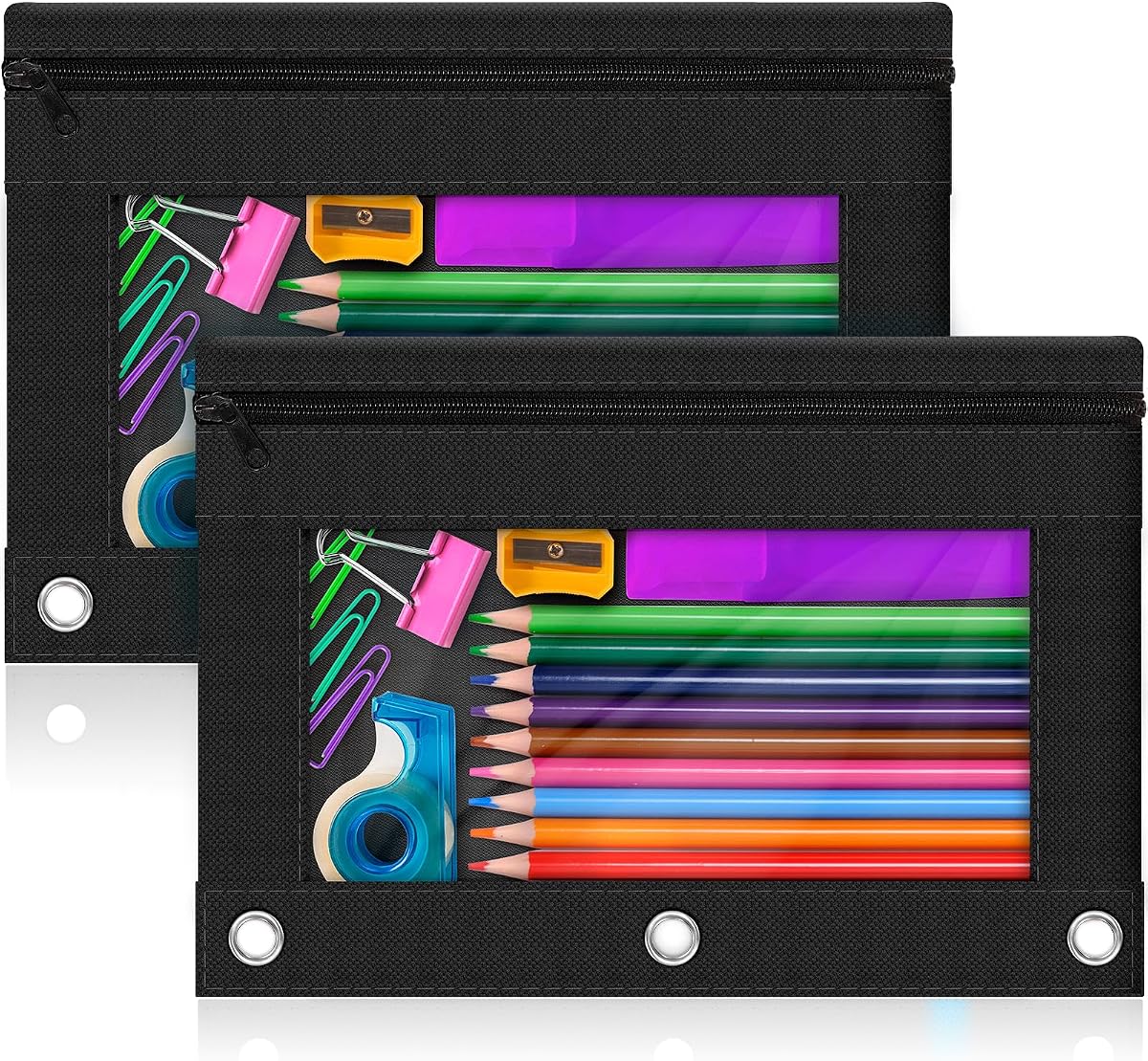 3-Ring Pencil Pouch, 2 Pack Black Bulk Pencil Case, Pencil Bags with Zipper for Office Supplies Cosmetics, with Zipper & Reinforced Grommets Fabric Large Pencil Case for 3 Hole Binder
