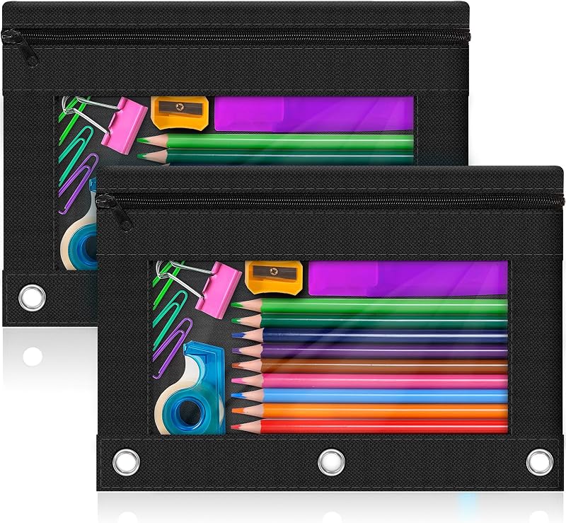 3-Ring Pencil Pouch, 2 Pack Black Bulk Pencil Case, Pencil Bags with Zipper for Office Supplies Cosmetics, with Zipper & Reinforced Grommets Fabric Large Pencil Case for 3 Hole Binder