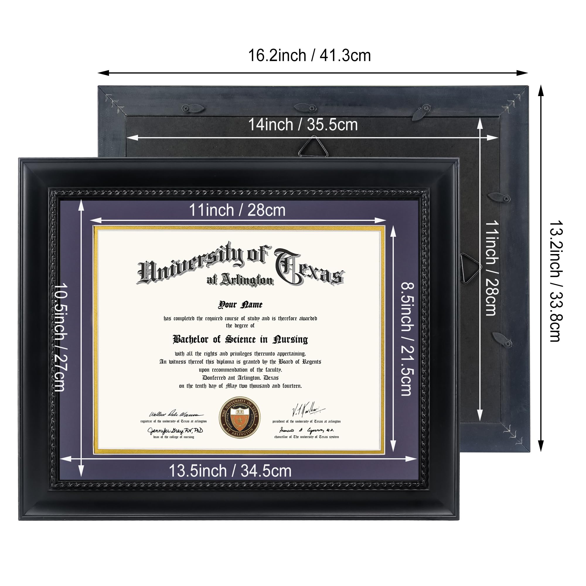 GMFrames Ramka dyplomowa 8,5 x 11 z fioletową matą lub wyświetlaczem certyfikaty 11 x 14 bez maty, lite drewno, czarne wykończenie ze skomplikowanymi czarnymi detalami liny, akryl chroniący przed