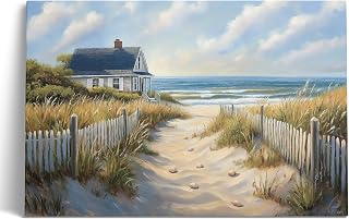 Coastal Cottage Path Canvas Wall Art – Serene Beach House and Ocean View Painting with Dune Fence and Seashell Trail – Nautical Home Décor