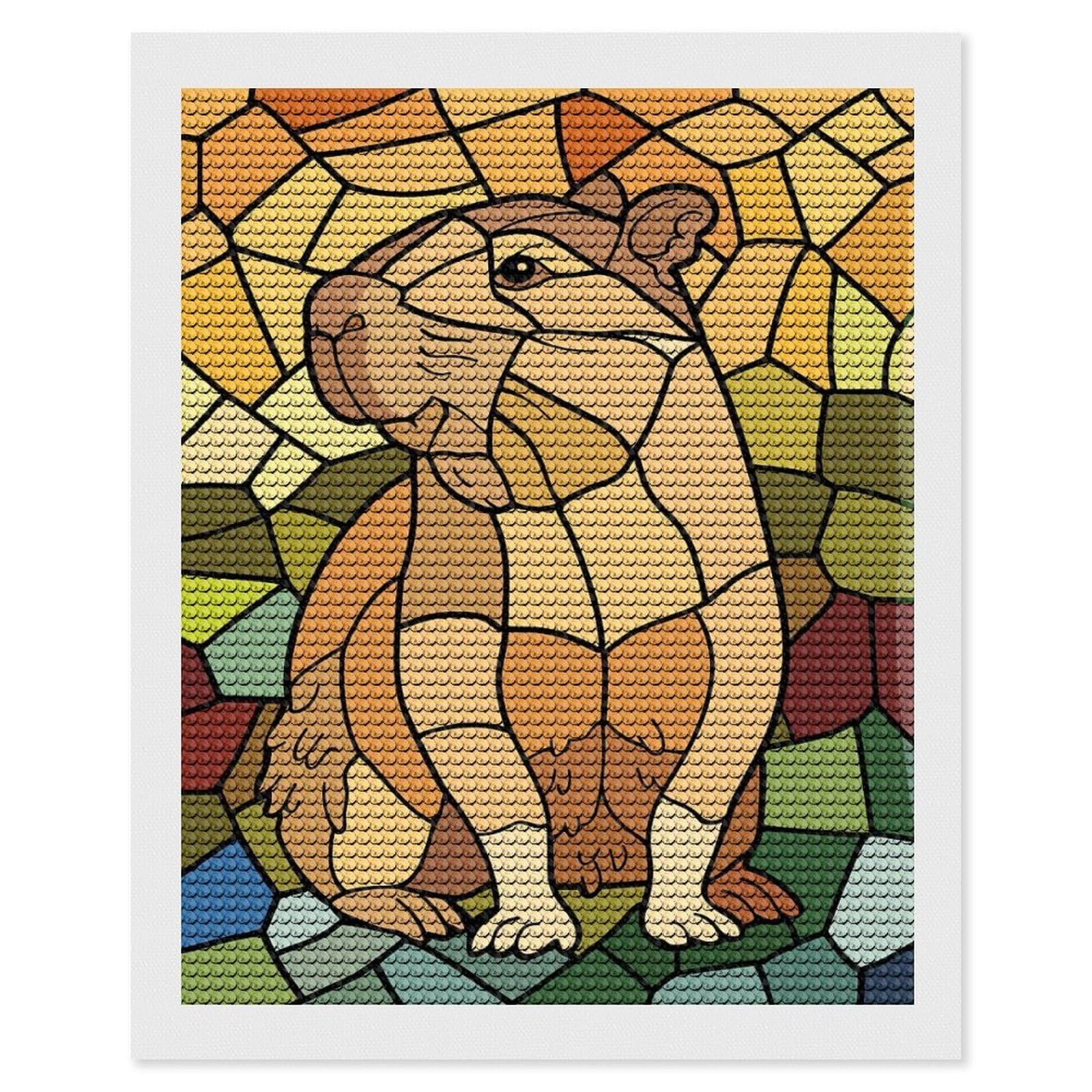 Junmoney Stained Glass Capybara Round Drill Diamond Painting 16"x20", for Adults, Creative Leisure Activity, Office Decor, Holiday Gift Idea