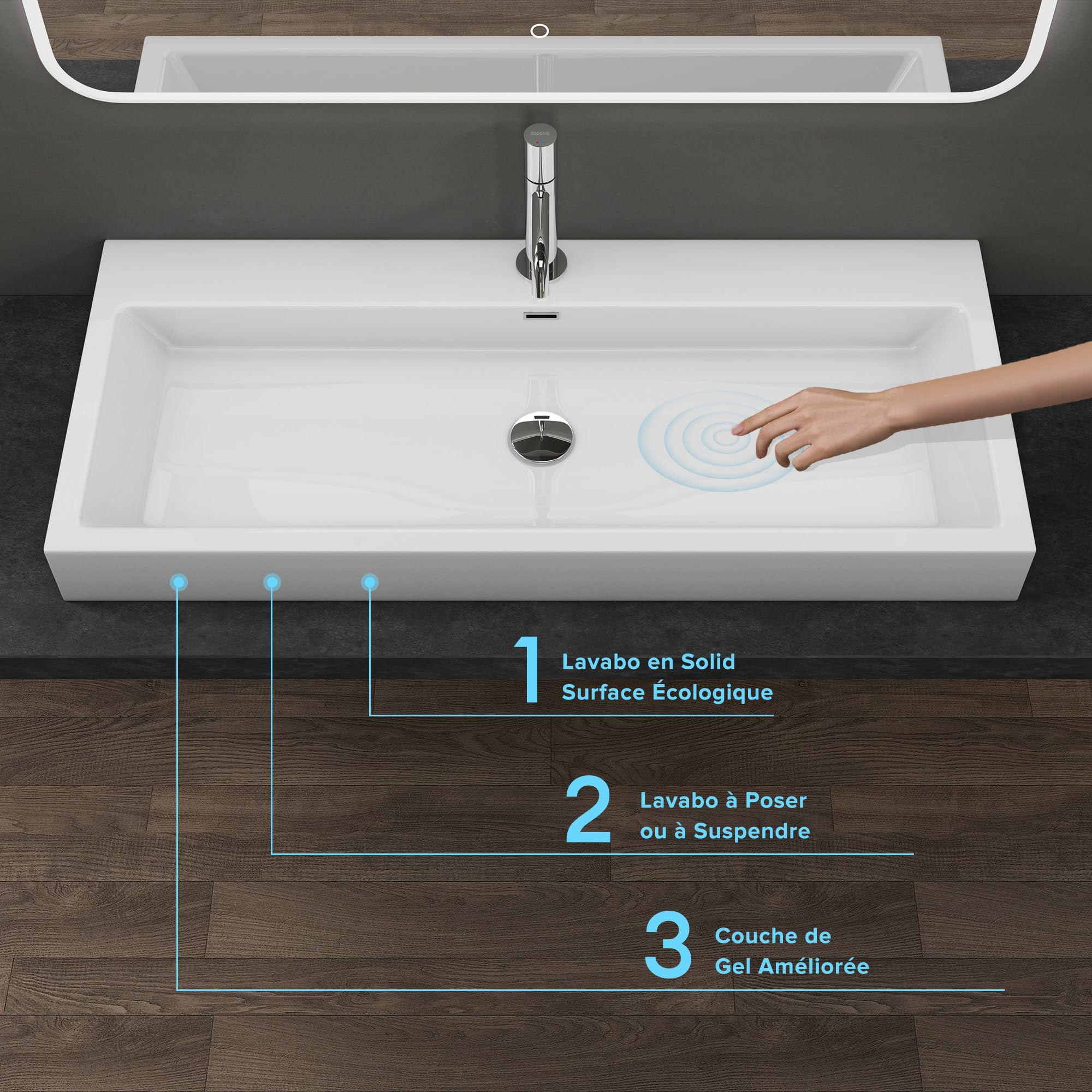 doporro Vasque à Poser Lavabo Suspendu Blanc en Solid Surface 60x42x10cm | pour Salle de Bain, Colossum06