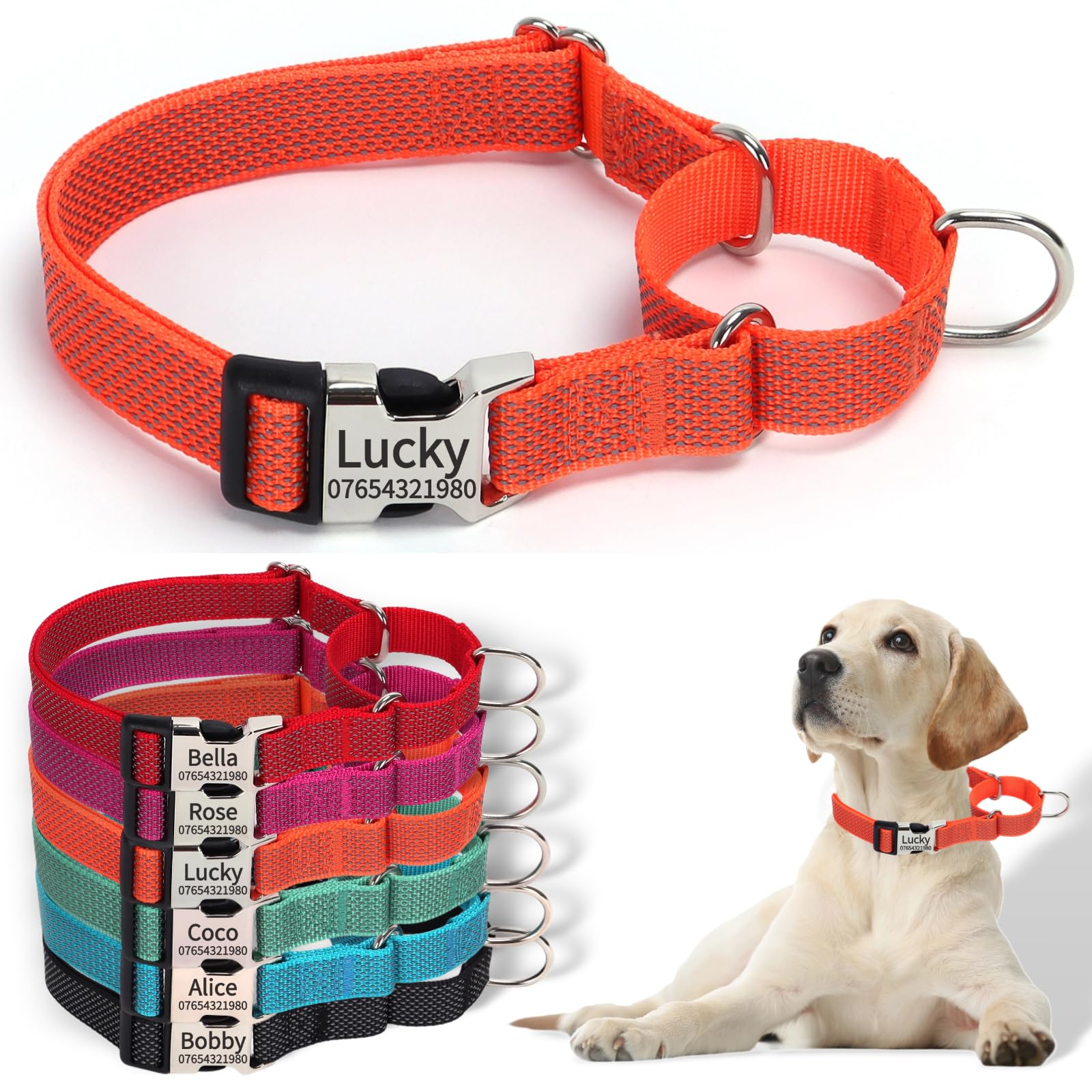SEOUGEE Martingale Dog Collar Personalised, Reflective Nylon Escape-proof Anti-pull Dog Collars with Custom Engraved Metal Buckle, Walking Training Daily Used for Large Dogs (L Orange, 45-65cm)