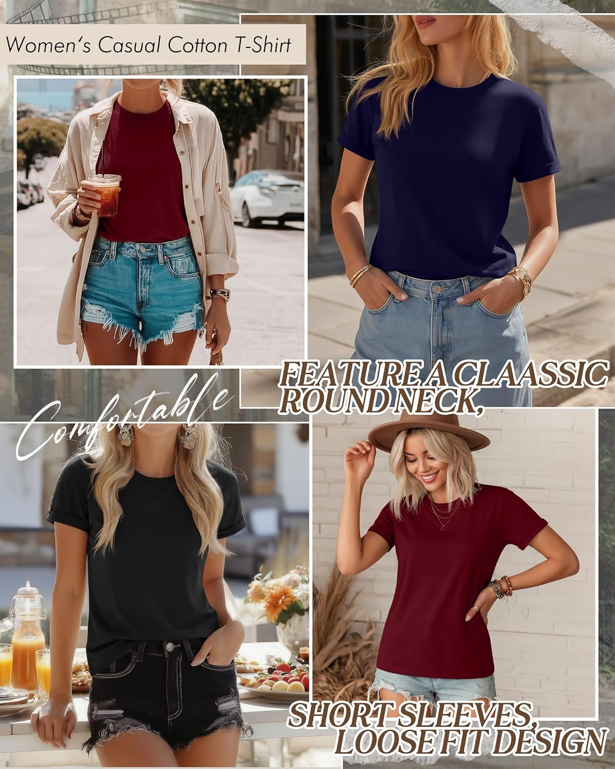 Huukeay 3 Pack Women's Cotton T Shirts Casual Short Sleeve Tunic Tops Crewneck Summer Loose Fit Plain Basic Tee - Image 3