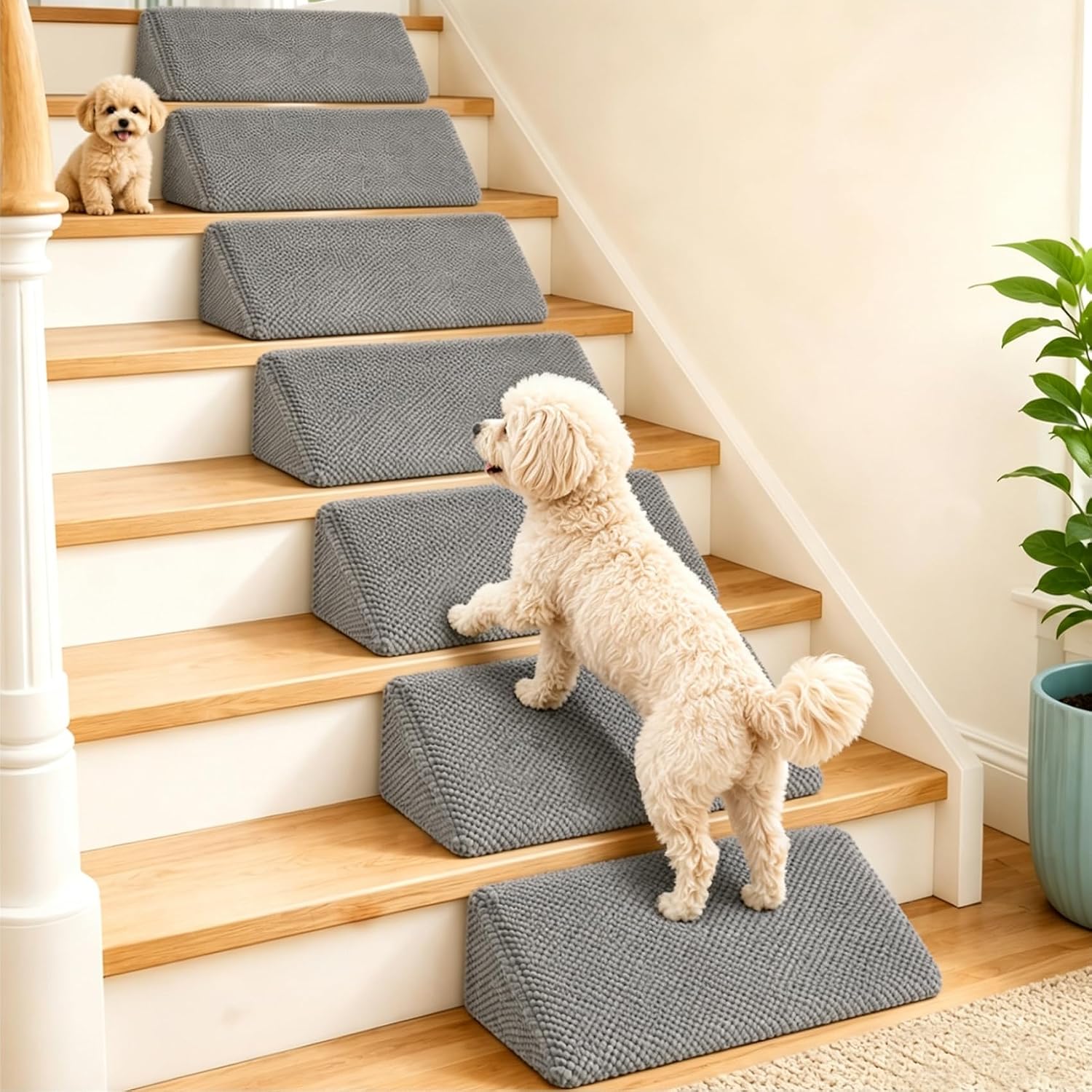 Dog Ramp for Stairs for Small, Senior, Injured Dogs & Cats, Non-Slip Self-Sticky Adhesive Pads, Washable Removable Cover, Pet Ramps for Indoor Home Stairs(Gray, 6 Pack)