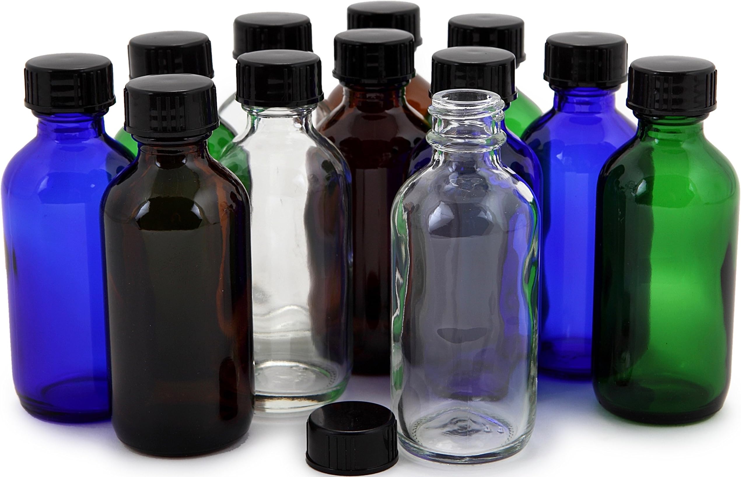 12, Assorted Colors, 2 oz Glass Bottles, with Lids