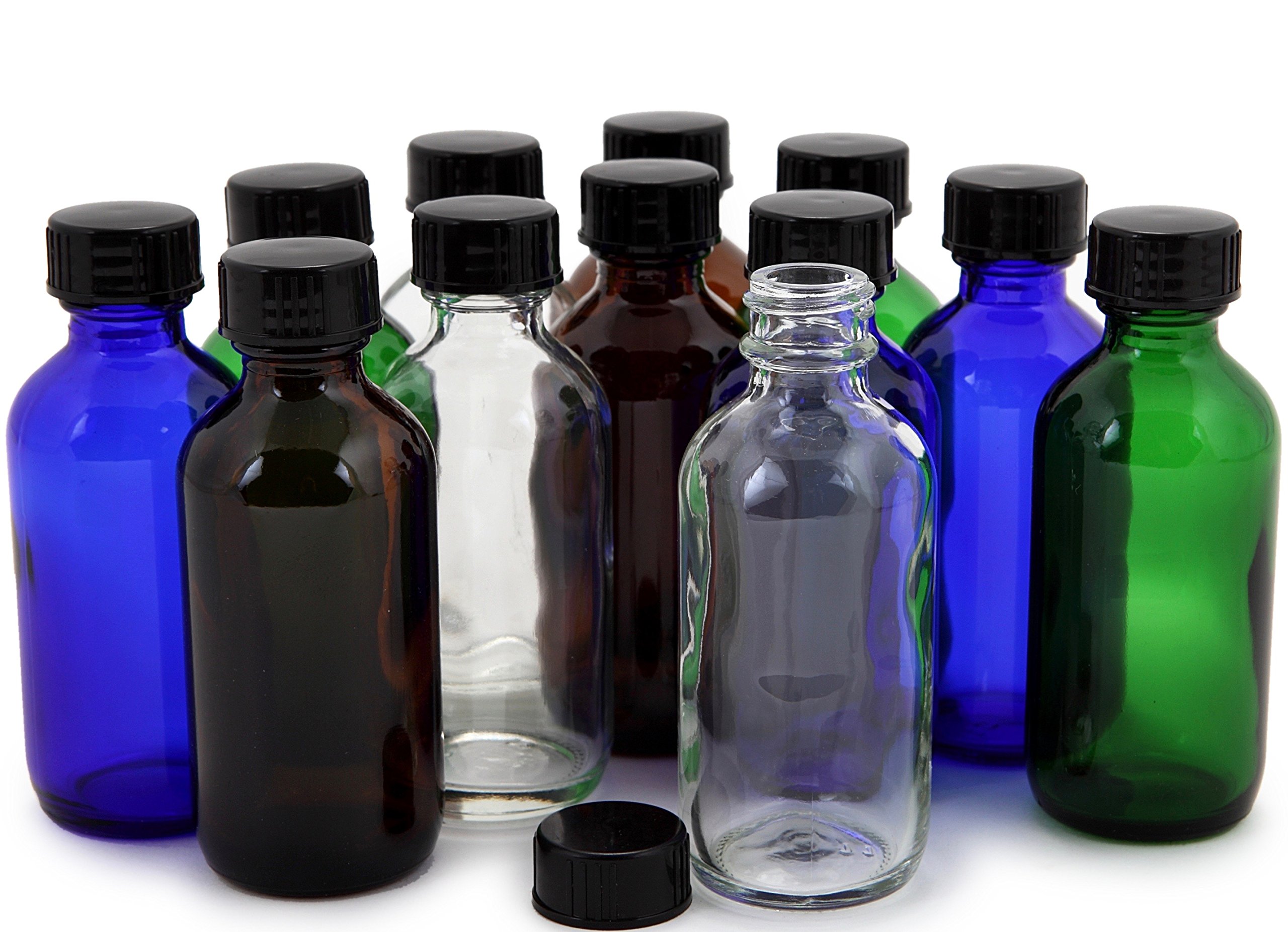12, Assorted Colors, 2 oz Glass Bottles, with Lids