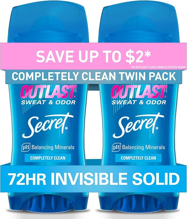 Antitranspirante desodorante Secret Outlast para mujer, protección de sudor y olor por 72 horas, minerales que equilibran el pH, sólido invisible, aroma completamente limpio, 2.6 oz (paquete de 2)