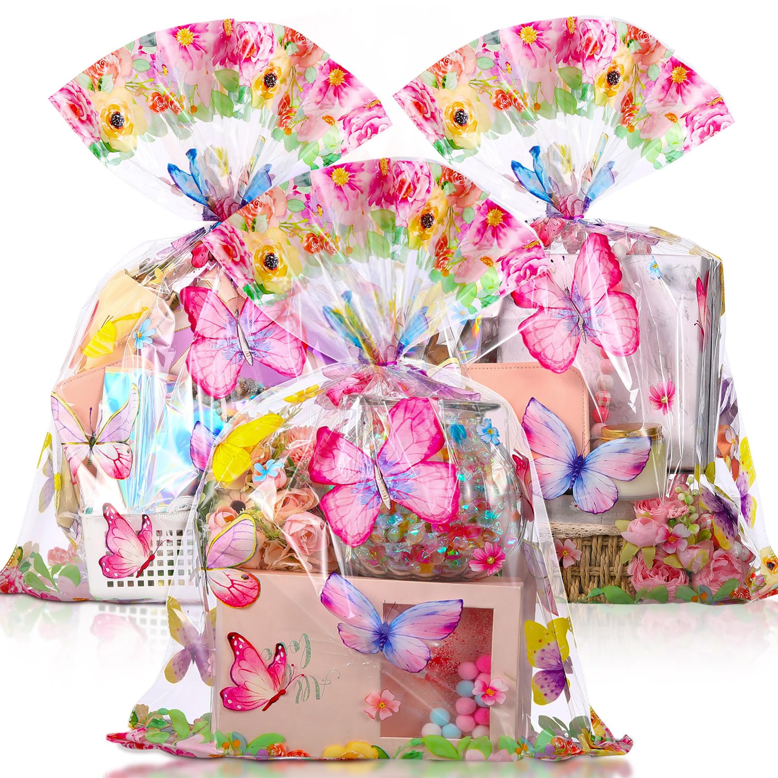 Janlaugh 30 Pcs Large Butterfly Gift Bags 19. 7" x 27. 6" Jumbo Flower Cellophane Gift Basket Wrap Pink Purple Plastic Clear Goodie Bags with Twist