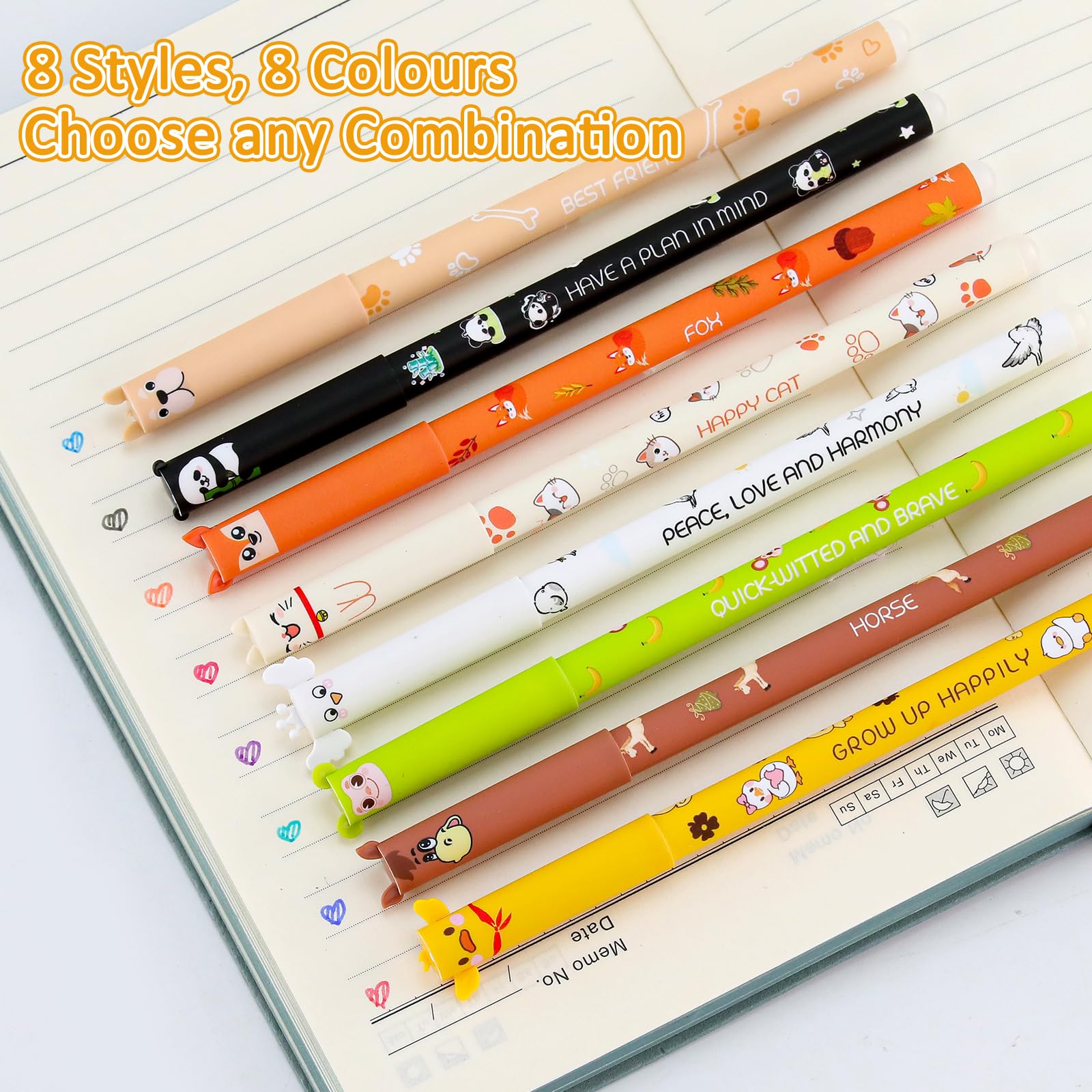 8 bolígrafos de gel borrables de gel borrables con goma de borrar, diseño de animales, 0,7 mm, escritura suave, tinta térmica, multicolor, artículos de papelería para la escuela o la oficina
