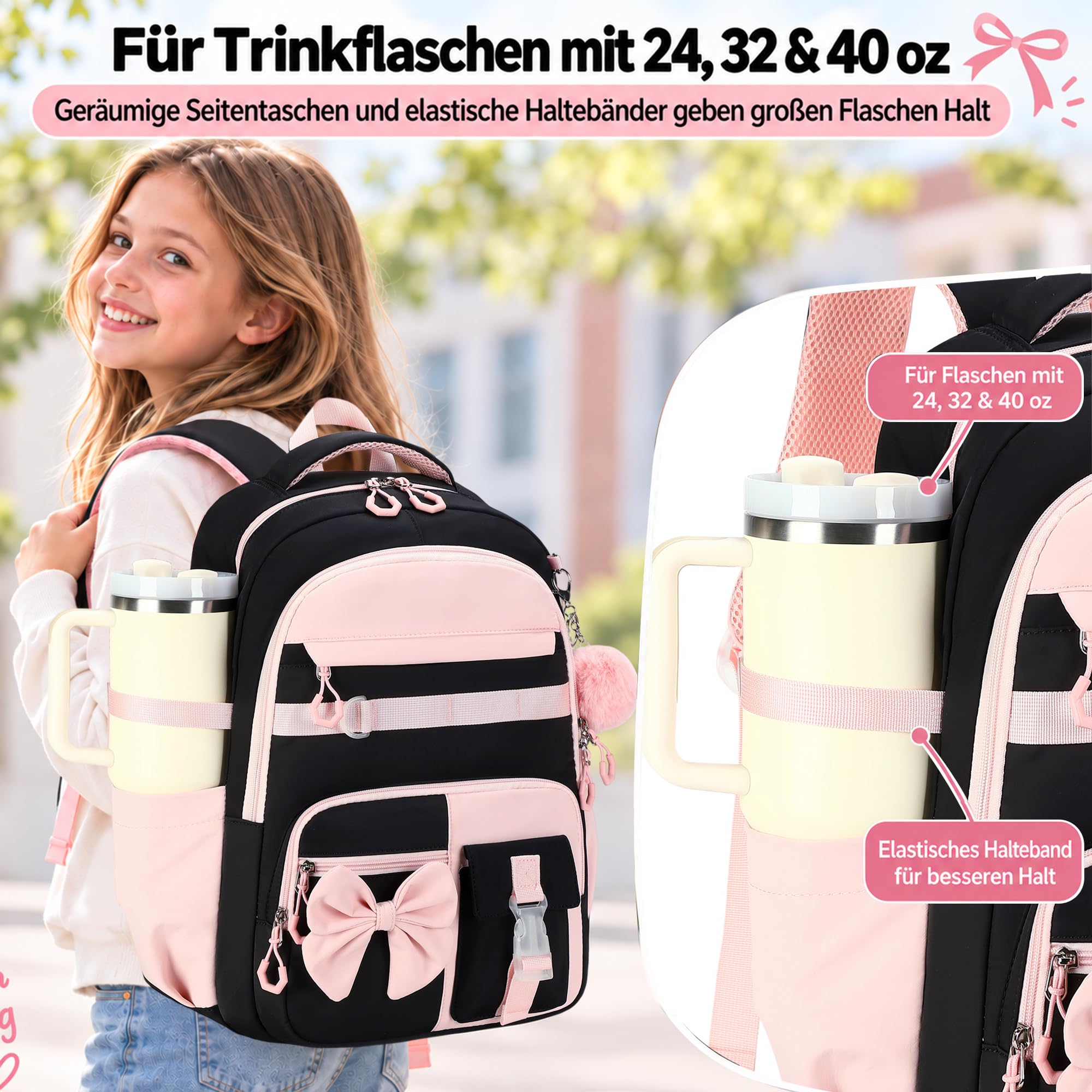 Schulrucksack Mädchen Teenager Damen Schultasche Rucksack Set Schulranzen für Mädchen Schule 3-teilig Lässig Rucksack mit Lunchpaket Tasche und Mäppchen (Schwarz Rosa)