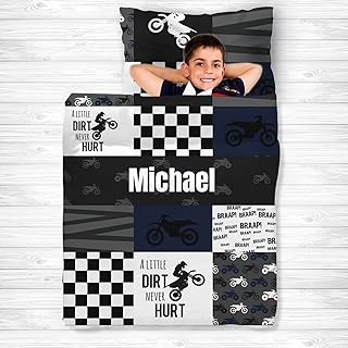 Personalized Dirt Bike Nap Mat Set with Name, Motocross Sleeping Bags for Boys, Customized Toddler Bed Mattress for Kids, Slumber Bags for Preschool, Daycare or Kindergarten, Toddler Sleep Sack