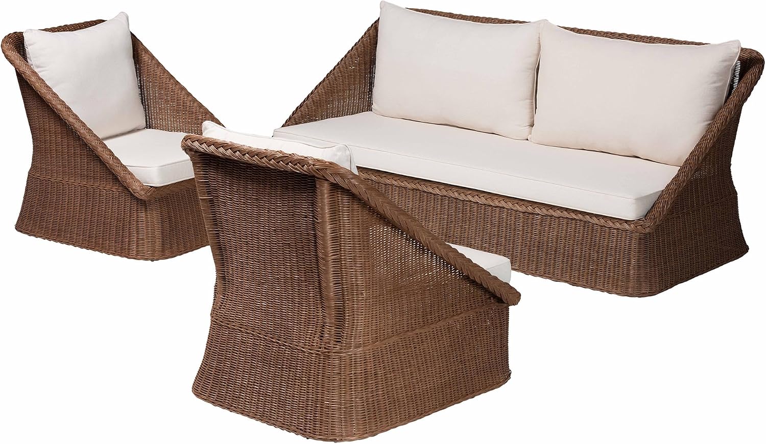 bali & pari Derris Braided Rattan Living Room Chair Set – 3-Piece (2 Accent Chairs & 1 Sofa) in Peanut Brown | Handwoven, Boho Modern Seating