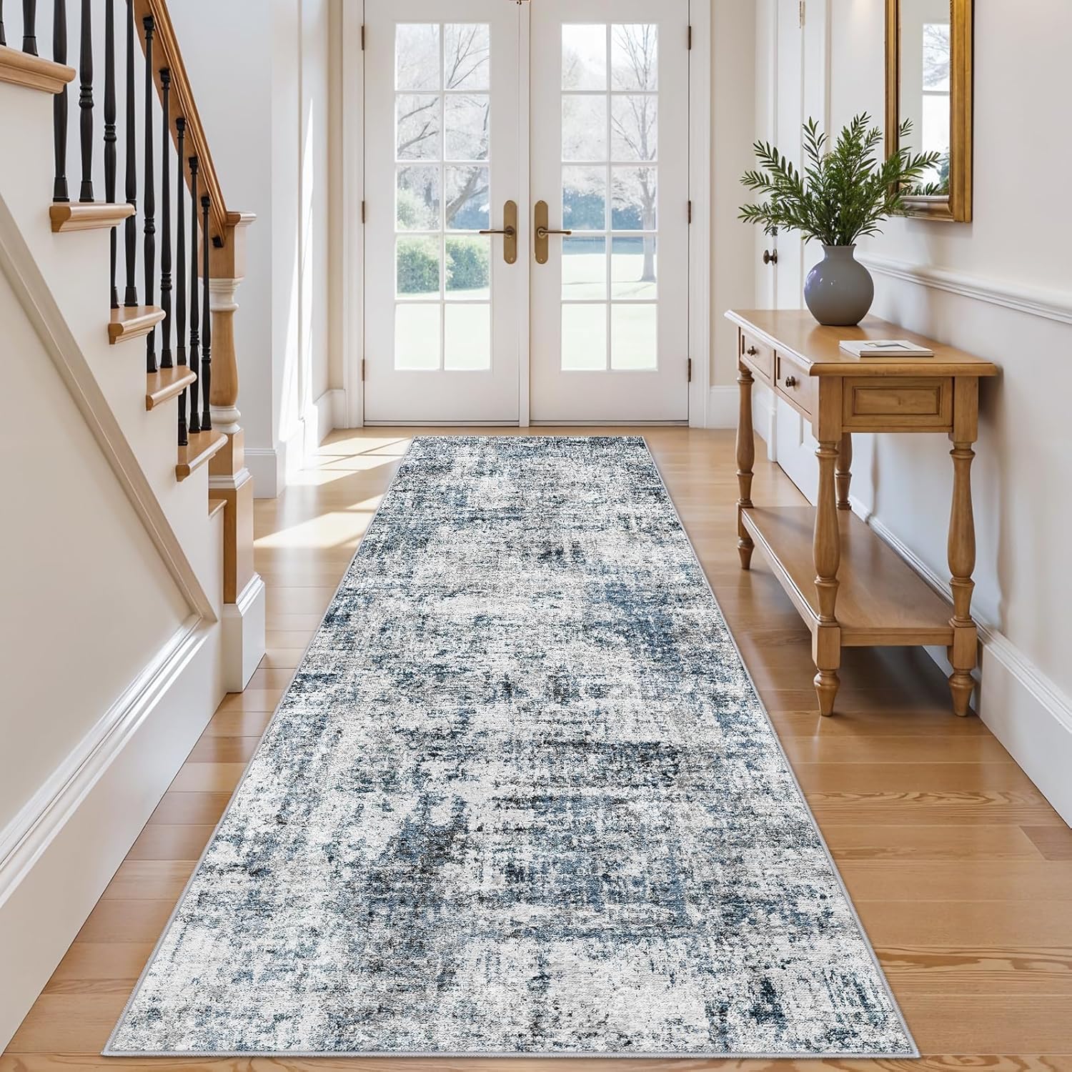 Washable Rug Runners 3x10: Modern Non Slip Rubber Backed Kitchen Floor Rug for Bedroom Entryway - Abstract Distressed Low Pile Thin Wide Soft Throw Carpet for Home Decor（Blue 3x10）