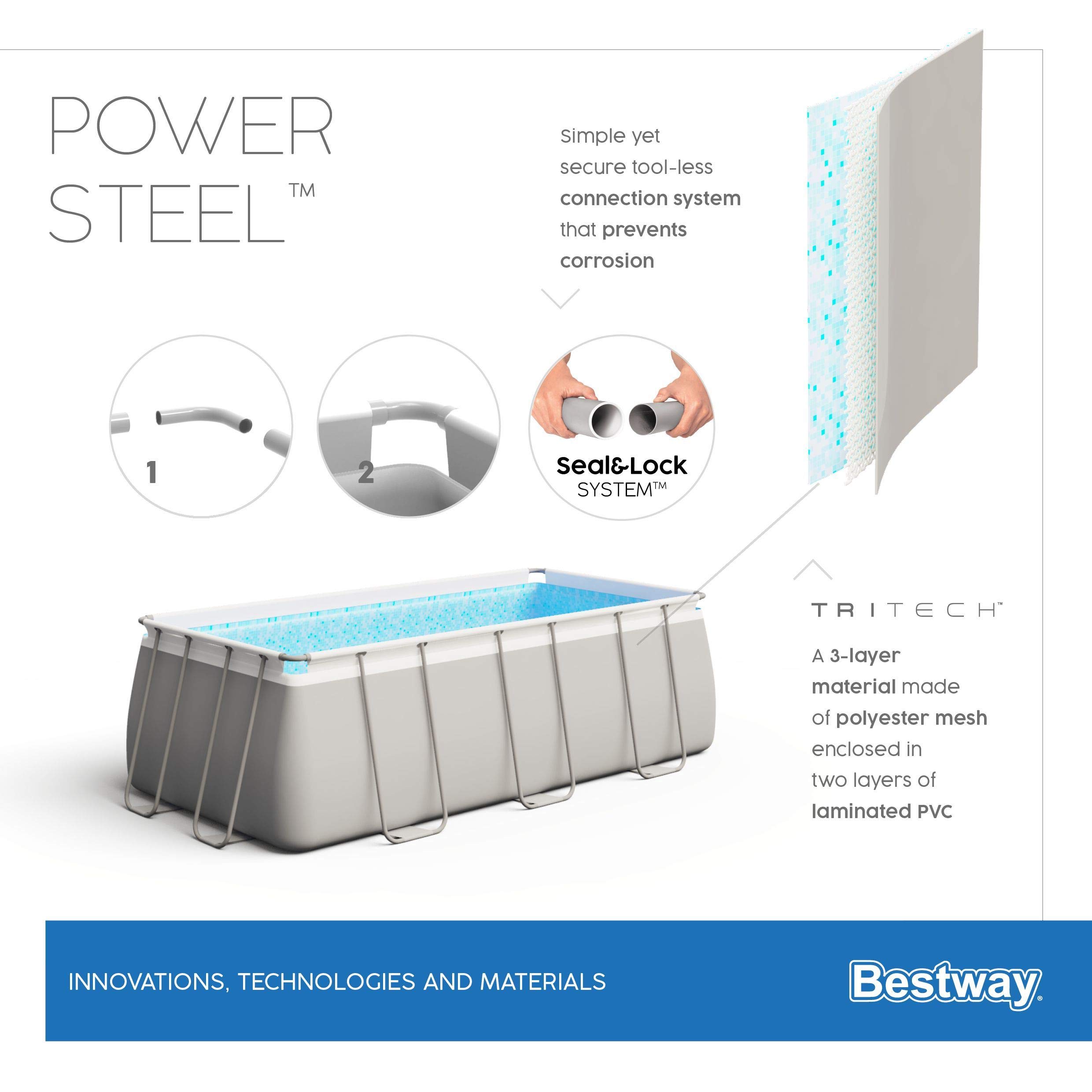 BESTWAY Power Steel Rectangular Pool Set 412x201x122 cm, Stahlrahmenpool-Set mit Filterpumpe und Zubehör