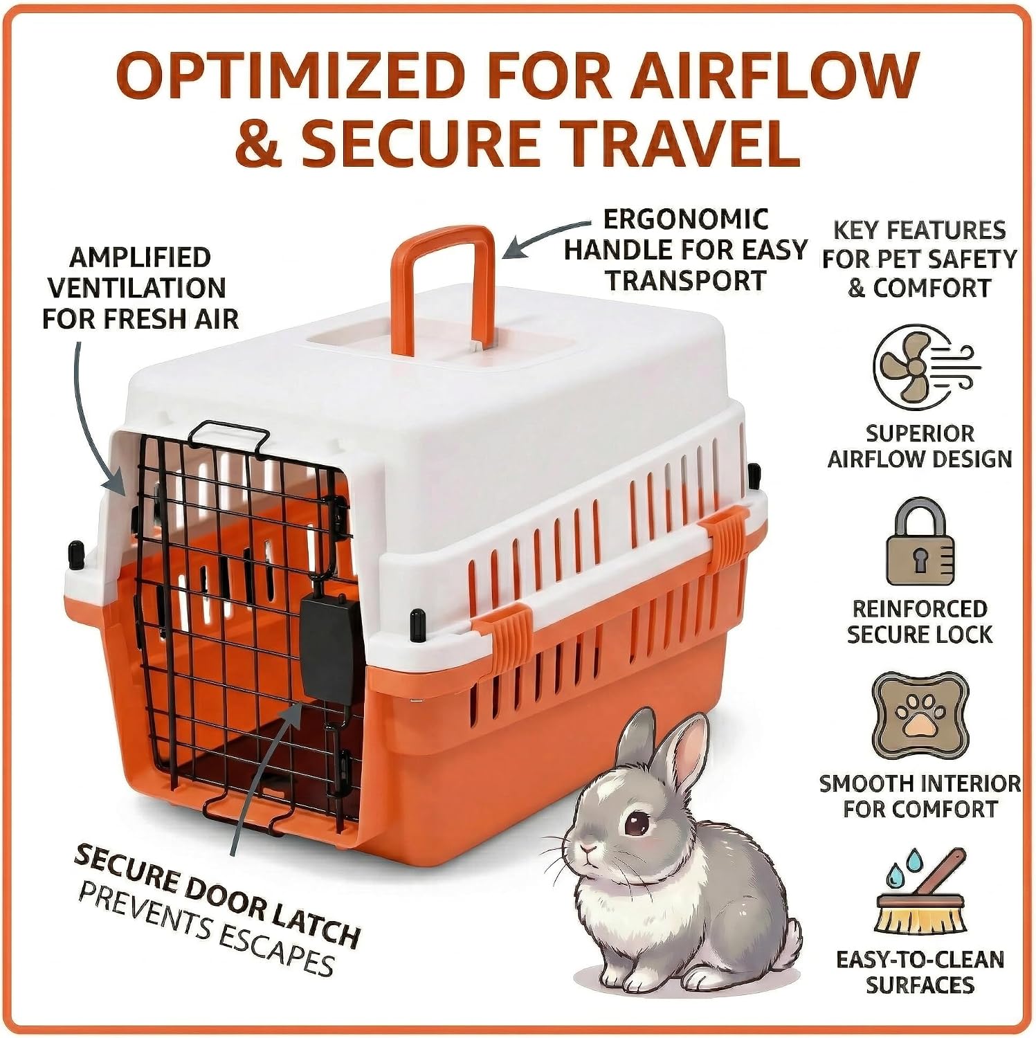 Hard-Sided Pet Carrier for Cats and Small Dogs, 20" Sturdy Travel Kennel with Secure Wire Door & 360° Ventilation, Portable Plastic Crate for Vet Visits & Car Travel (White/Orange) image 3