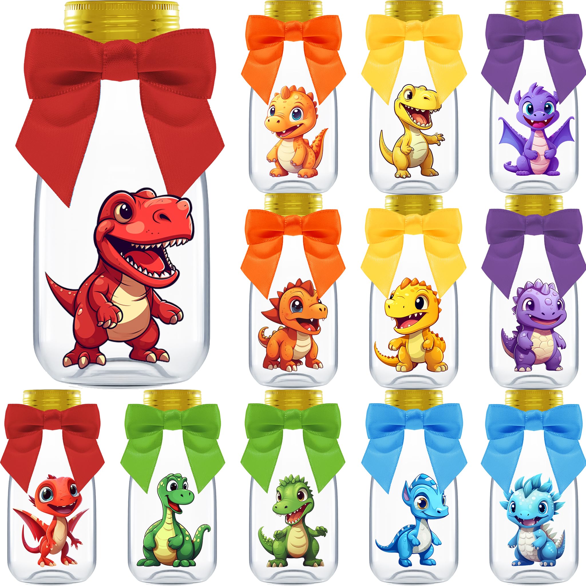 Ethisa Small 12 Pack Dinosaur Party Favors - DIY Candy Jars with Ribbons and Stickers - Party Decoration Bottles for Birthday, Baby Shower and School Classroom - Dinosaur Table Centerpiece for Kids