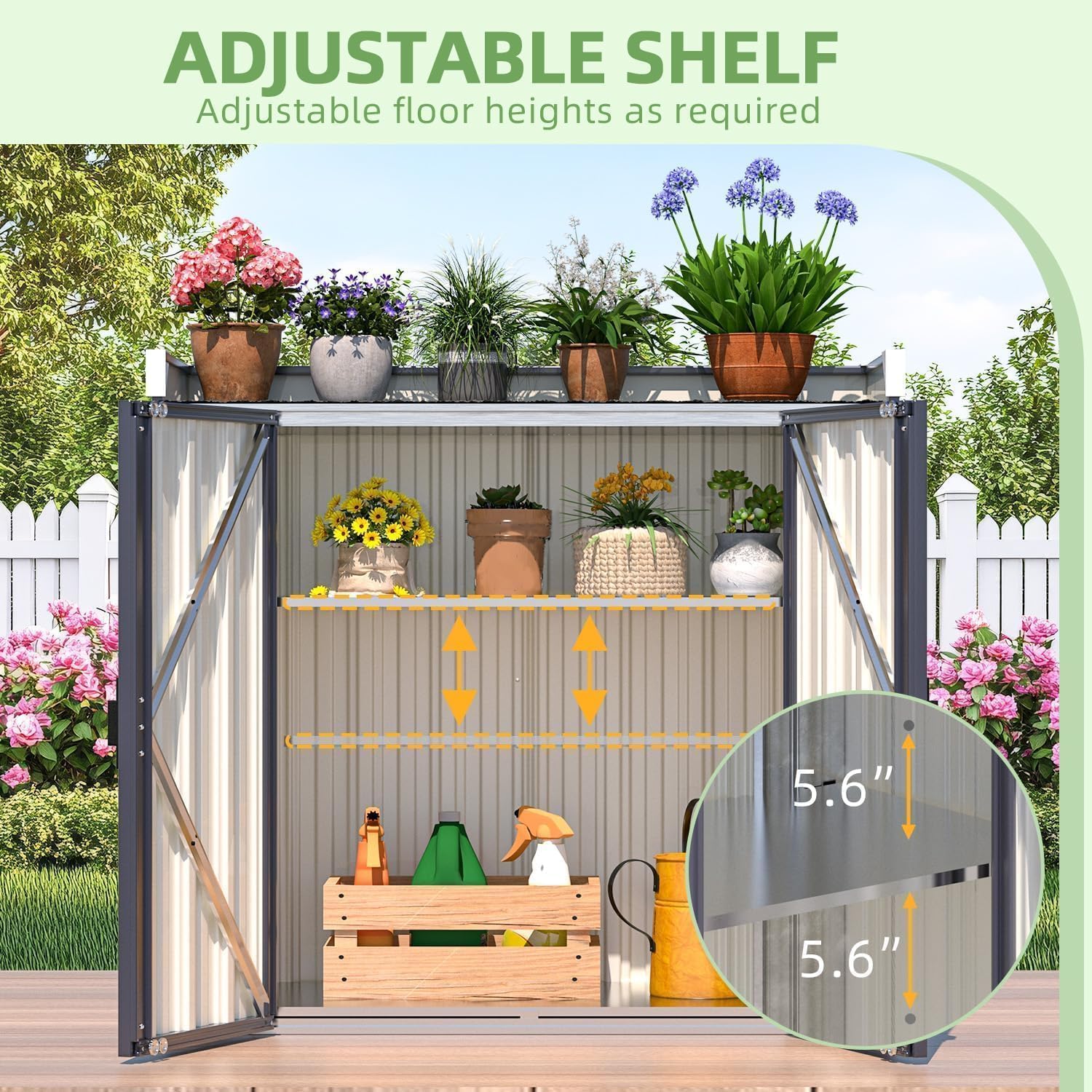 YODOLLA Pflanztisch mit verstellbaren Regalen, 97x34x93cm wetterfester Gartenschrank für den Außenbereich, Metall Gartenaufbewahrung mit Arbeitsplatte, Grau