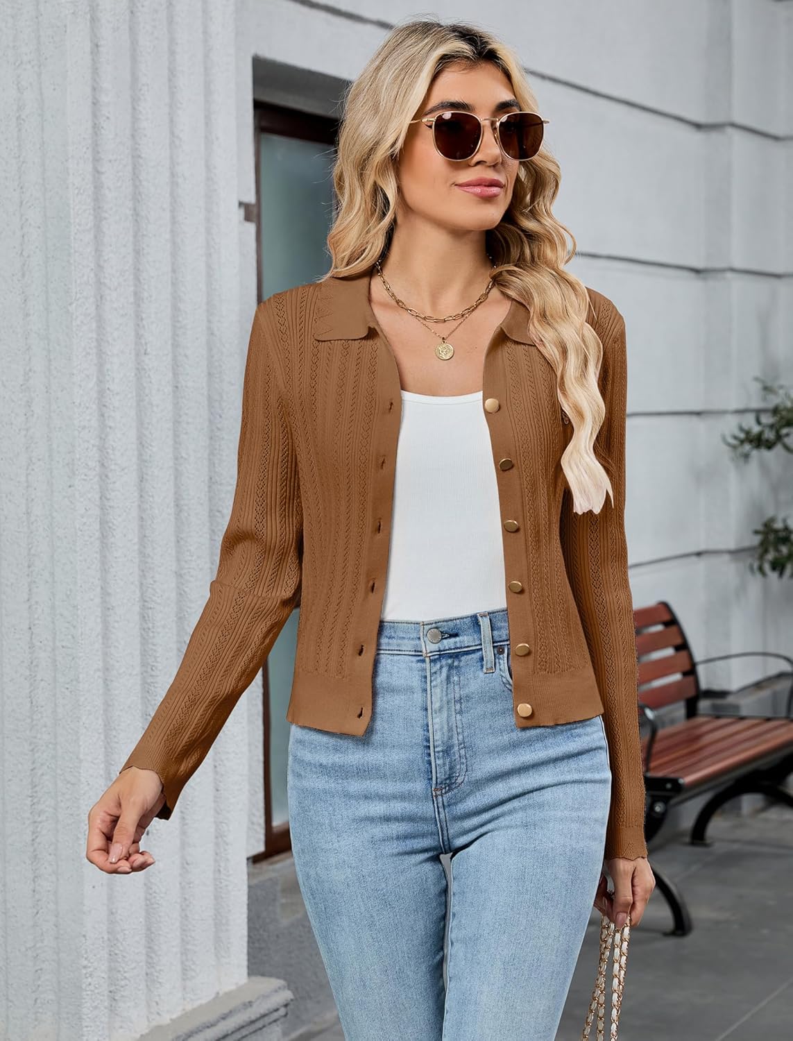 ZAFUL Cropped Cardigan Sweaters for Women 2025 Collared Button Down Long Sleeve Crochet Knit Shrugs Fall Outfits Clothes - Image 2