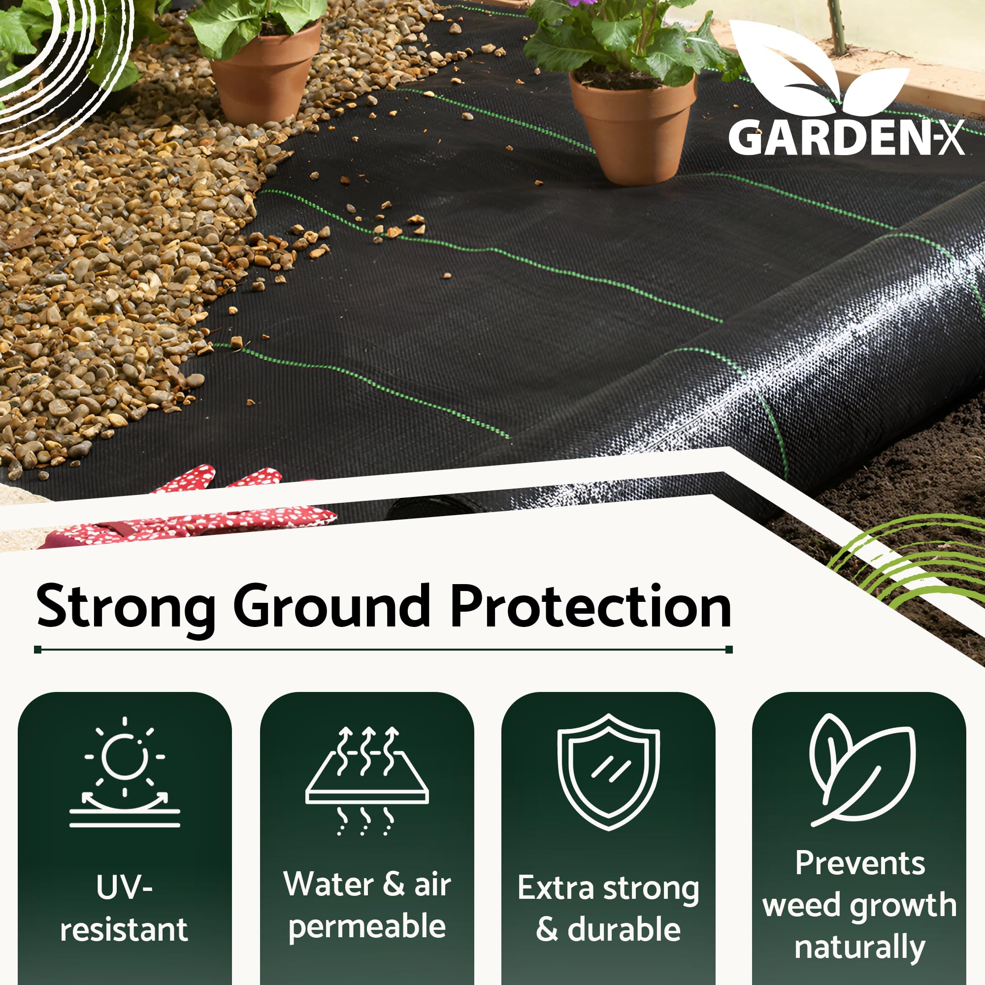 GARDENIX Włóknina przeciw chwastom z 50 kotwicami, 48 m² (3,2 m x 15 m) – przepuszczająca wodę 110 g/m² – czarna tkanina odporna na działanie promieni UV, folia chroniąca przed chwastami, tkanina