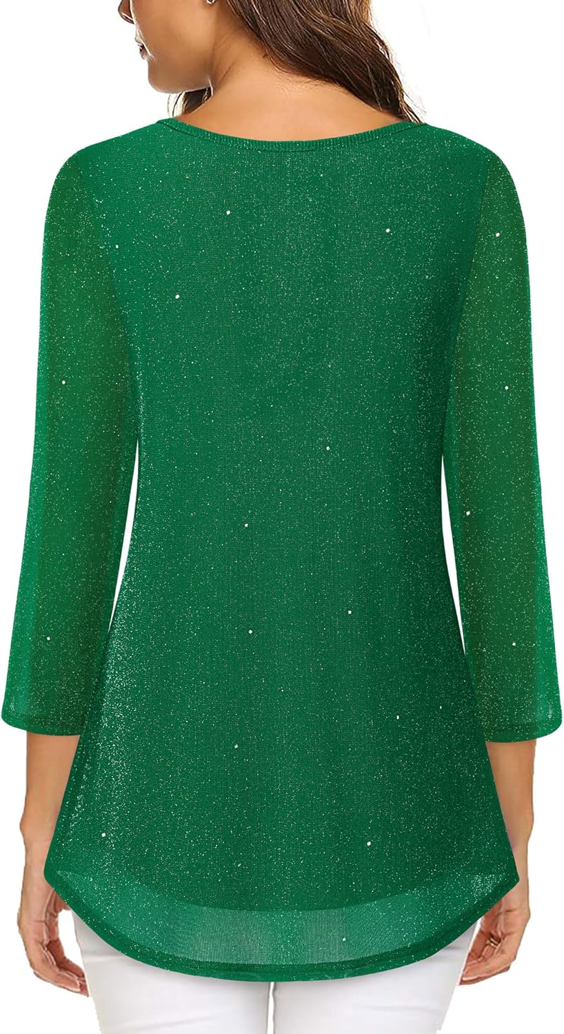 VALOLIA Women's 3/4 Sleeve Tunic Tops Casual Loose Fit Floral Blouses Mesh Pleated Layered Shirt - Image 2