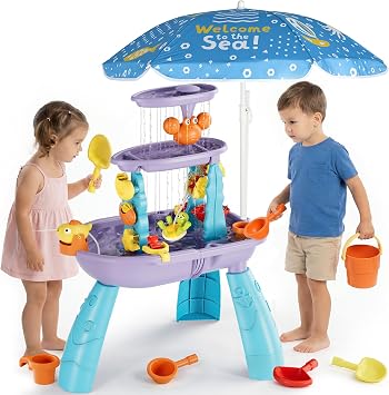 3-Tier Outdoor Water Sand Play Table Beach Toys, Summer Splash Activity Sensory Table Party Birthday Gift for Kids 3 4 5 6 7Purple
