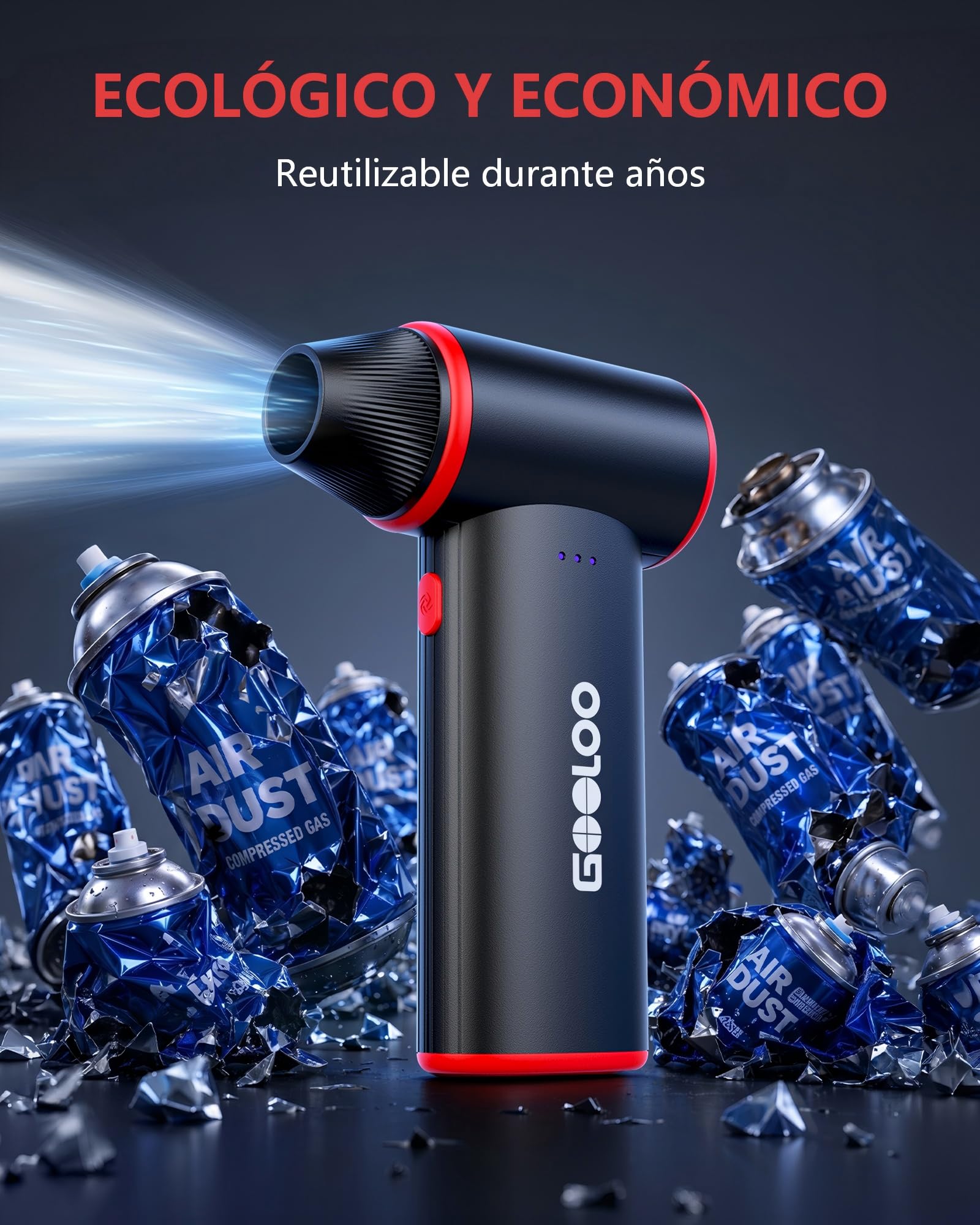 GOOLOO F3 Soplador de polvo eléctrico aire comprimido, 150000 RPM 52M/S 3 velocidades ajustables, carga rápida, soplador limpieza para PC coche exterior sofá (Negro)