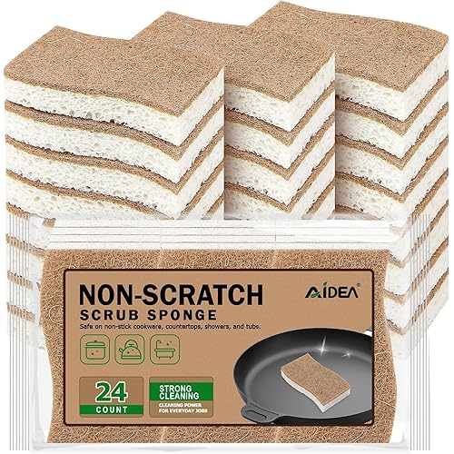AIDEA Sponges Non Scratch, 24Count, Natural Sponge for Non Stick Cookware, Sponges Kitchen, Cellulose Scrub Sponge for Dishes, Cleaning Power for Kitchen, Bathroom, Household