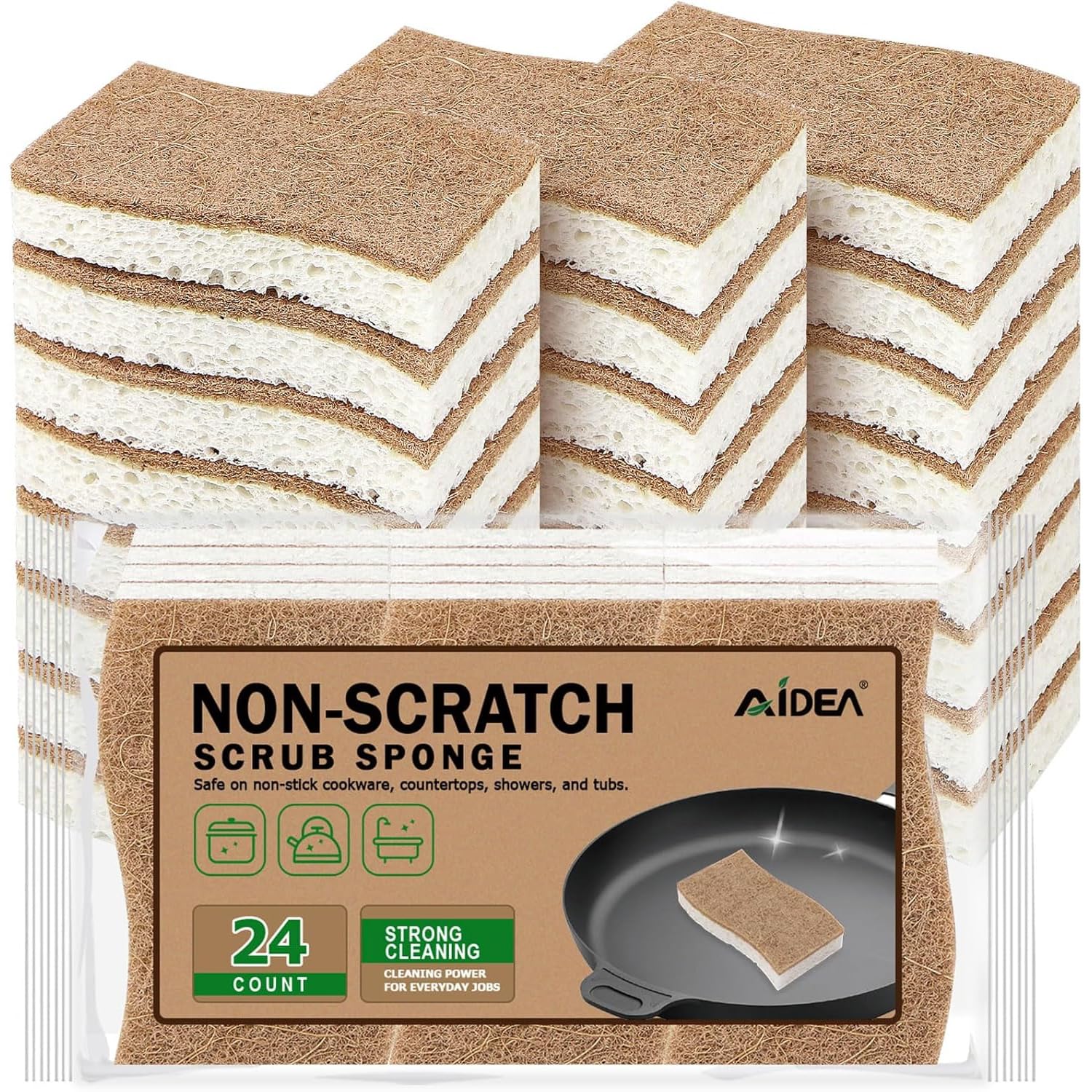 Sponges Non Scratch, 24Count, Natural Sponge for Non Stick Cookware, Sponges Kitchen, Cellulose Scrub Sponge for Dishes, Cleaning Power for Kitchen, Bathroom, Household