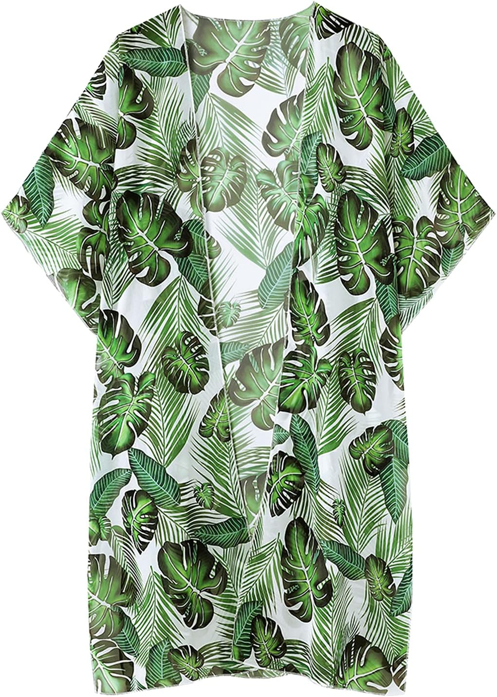 Women's Tropical Leaf Print Boho Beach Long Swimsuit Kimono Cover Ups Summer Chiffon Cardigans Dusters Hawaiian Maternity Tops Sheer Thin Green White Small image 4