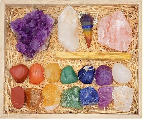 Miniatura 9 de Kit premium de cristales y piedras curativas en caja de madera  Juego de 7 piedras de chakra cuarzo rosa racimo de amatista puntos de cuarzo péndulo
