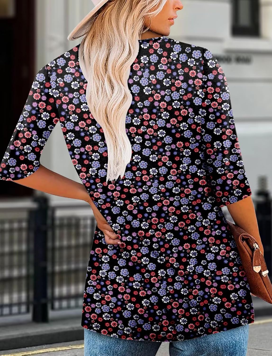 KISSMODA 3/4 Length Sleeve Shirts for Women Floral Business Shirts Tops Blouses Tops Loose Fit T-Shirts - Image 5