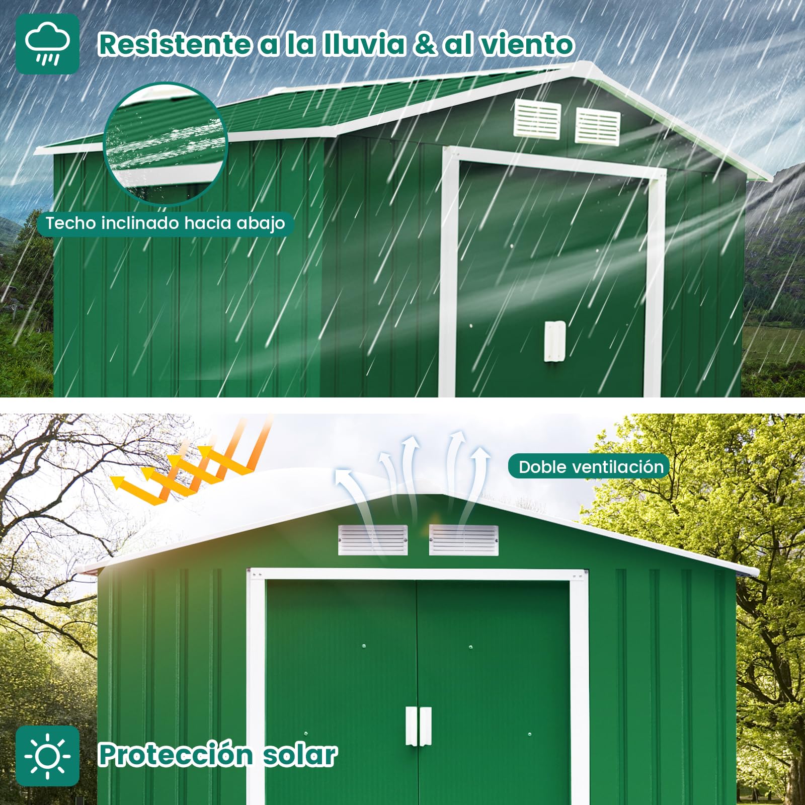 COSTWAY Caseta Jardin Exterior con Base Metálica con Puerta, 213x127x185cm, Exterior Caseta de Jardín Metálica Herramienta Almacenamiento, Cobertizo Jardin Exterior Grande (Verde Oscuro)