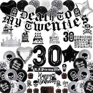 Black 30th Birthday Decorations for Women or Men, Death to My 20s Decorations, Death to My Twenties Banner Number 30 Balloons Rip to My 20s Sash Cake Toppers for Rip 20s Birthday Decorations