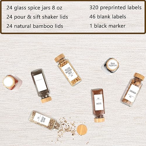 Miniatura 3 de SWOMMOLY 24 tarros de vidrio con etiquetas, botellas de especias de 8 onzas con tapas de bambú, recipientes vacíos con 366 etiquetas blancas,