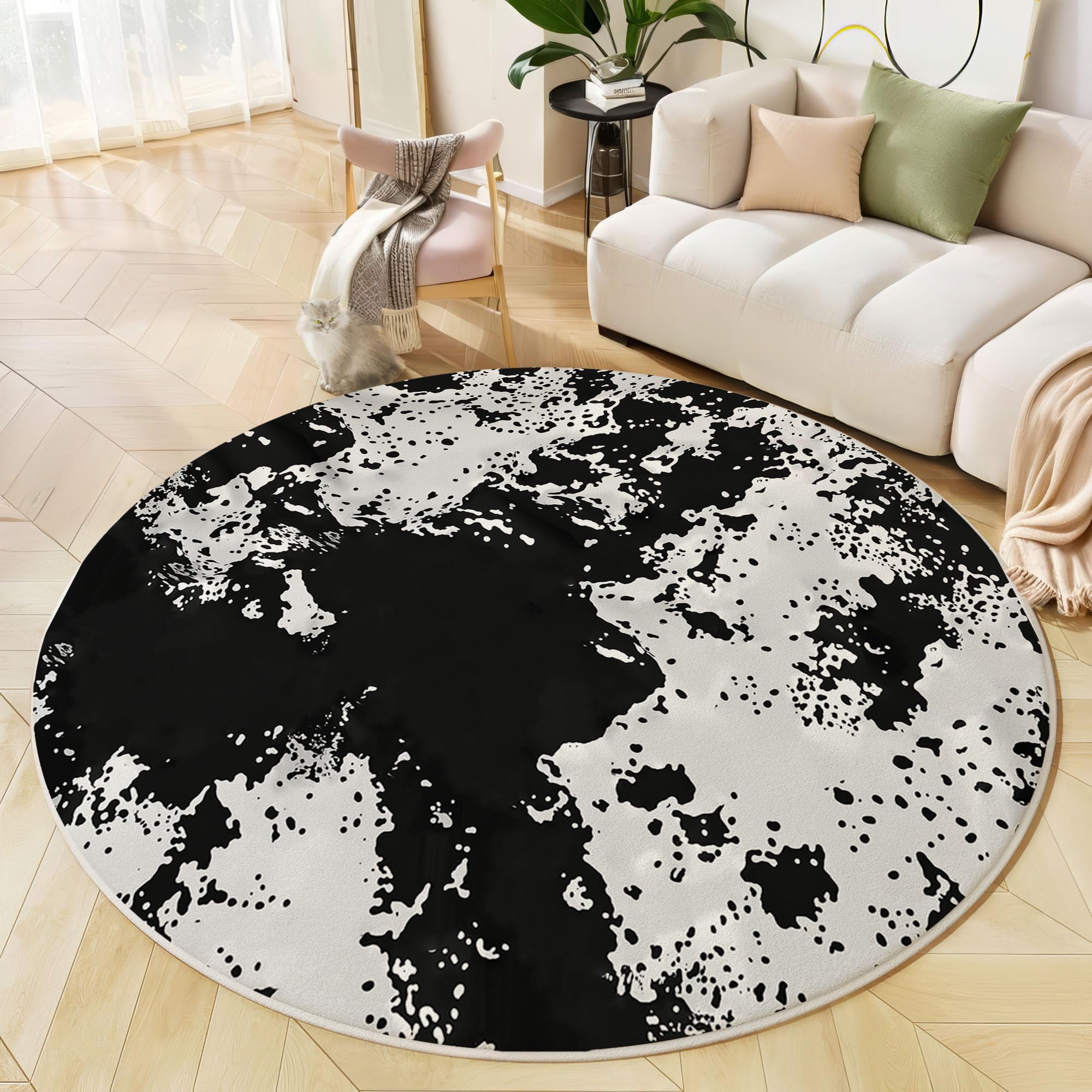 Tapis rond 160 cm gris foncé à motif vache peint à la main lavable