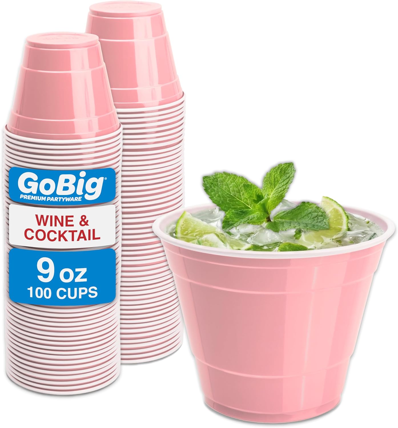 GoBig 100 Count 9 oz Plastic Party Cups for Wine & Cocktails - Pink Disposable Plastic Cups for Bridal Shower, Party, and Birthday