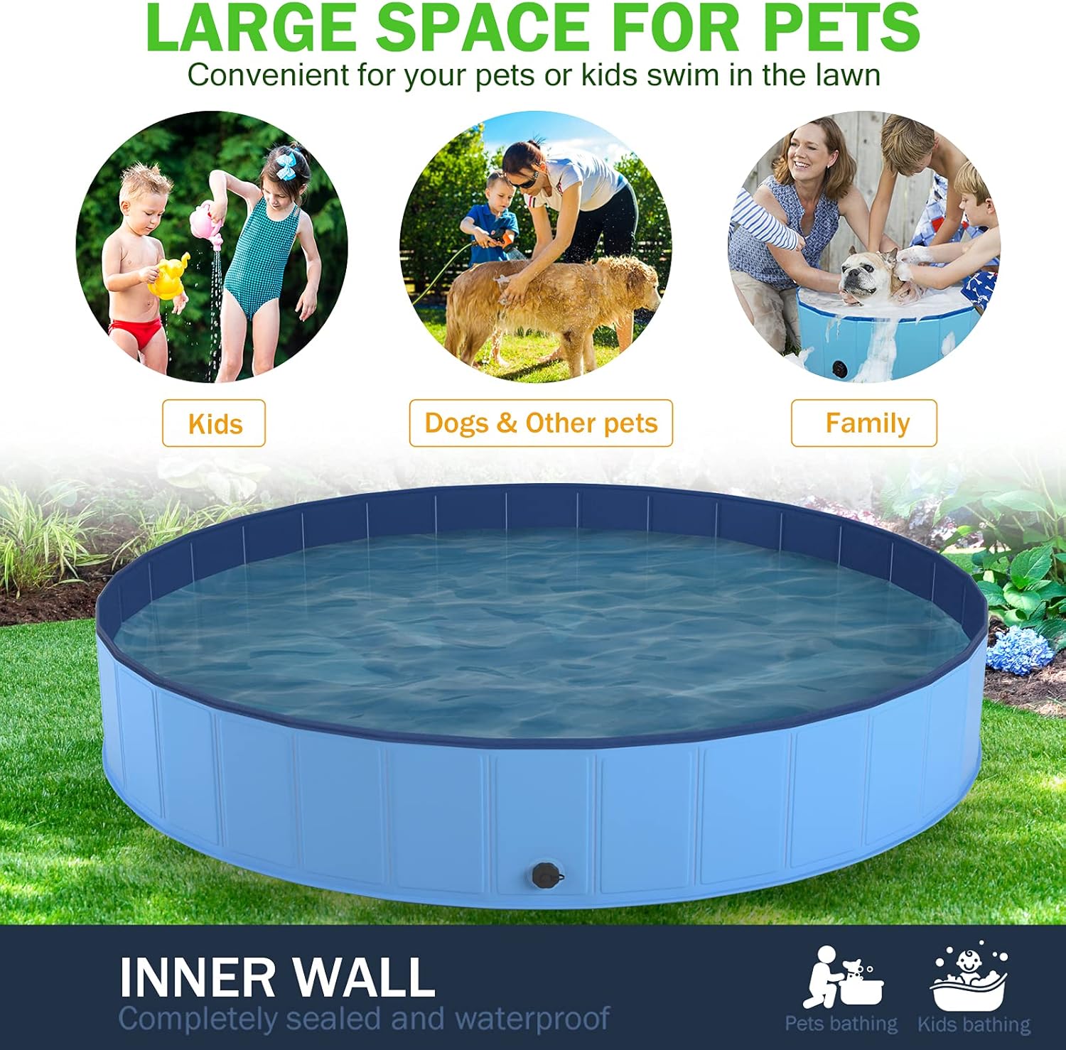 Foldable Dog Pool for Large Dogs, Portable Slip-Resistant Kiddie Pool, Collapsible PVC Bathing Tub, Outdoor Swimming Pool for Large Small Pets Dogs Cats and Kids(Large)…