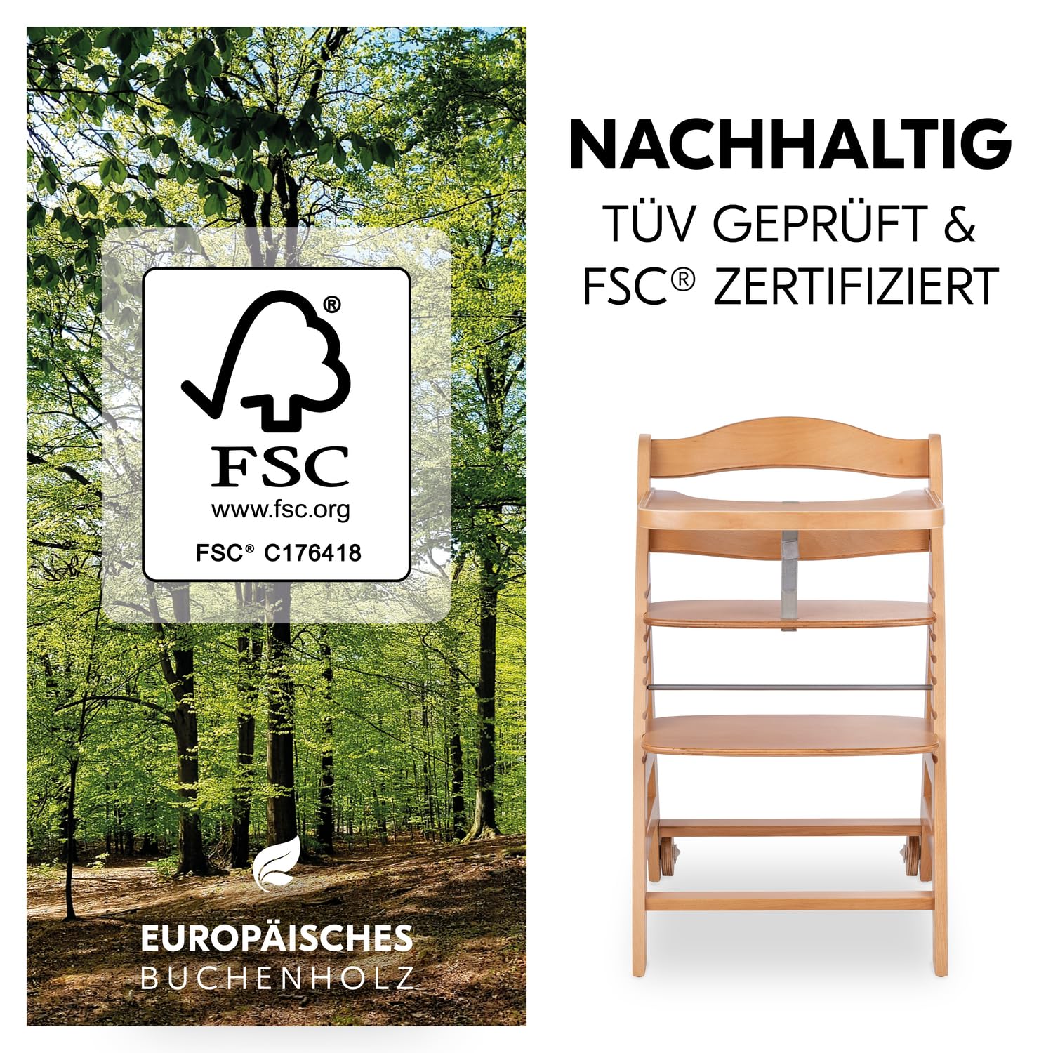 Hauck Beta+ Mitwachsender Holzhochstuhl Set mit Rädern, Buche, Sitzkissen, Essbrett, Schutzbügel, 5-Punkt-Gurt, ab 6 Monaten bis 90 kg