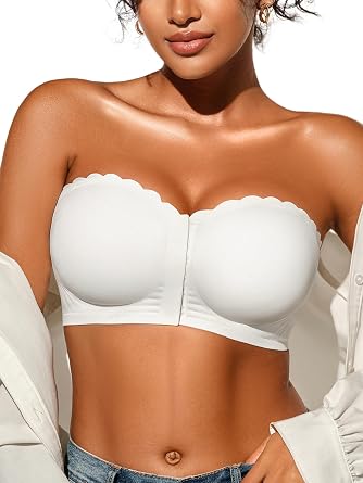 Strapless Bras for Women, L, Front Closure Anti-Slip Comfortable Bandeau Top, Wavy Edge Padded Bra