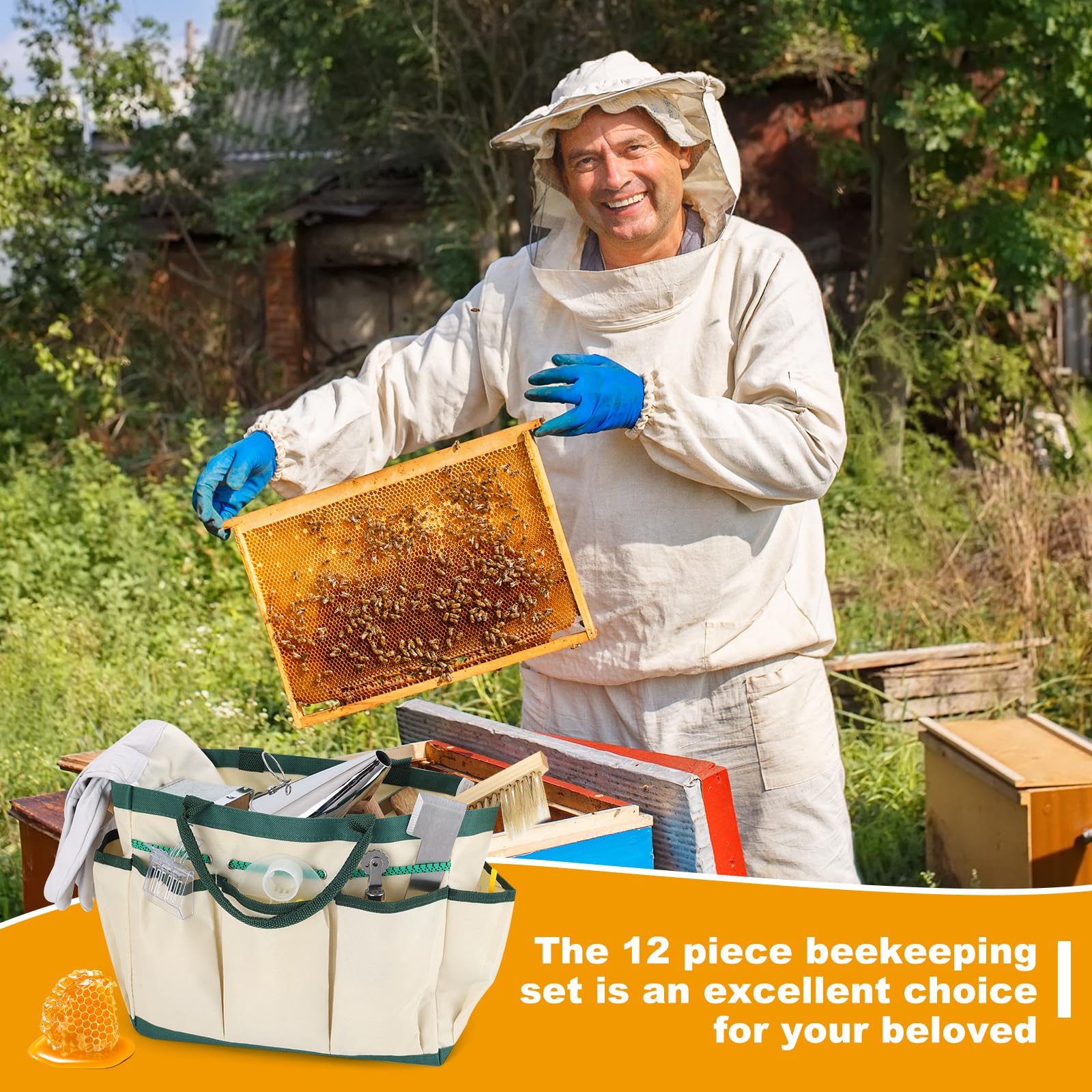Kit de iniciación de colmenas de abeja, suministros de apicultura, suministros de apicultura, suministros y equipos de abejas con ahumador de abejas, herramientas de colmena de abeja para