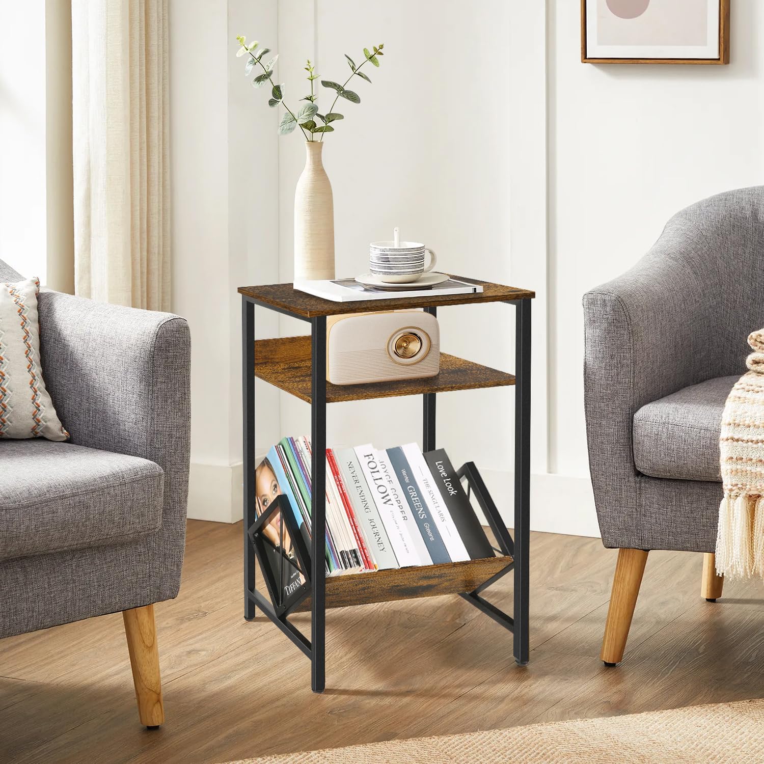 YINMIT Vinyl Record Holder,Record Player Stand,End Table,Vinyl Storage Up to 65 Albums,Record Player Table,Record Shelf for Living Room,Bedroom,Retro Side Table for Magazine,Book