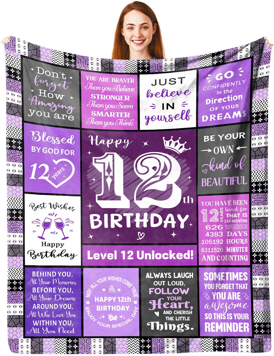 ACAATVE Gifts for 12 Year Old Girl Birthday Blanket 150 x 130 cm | Personalised 12th Birthday Gifts Decorations for Daughter Granddaughter Niece, Happy 12 Bday Flannel Throw Presents Ideal