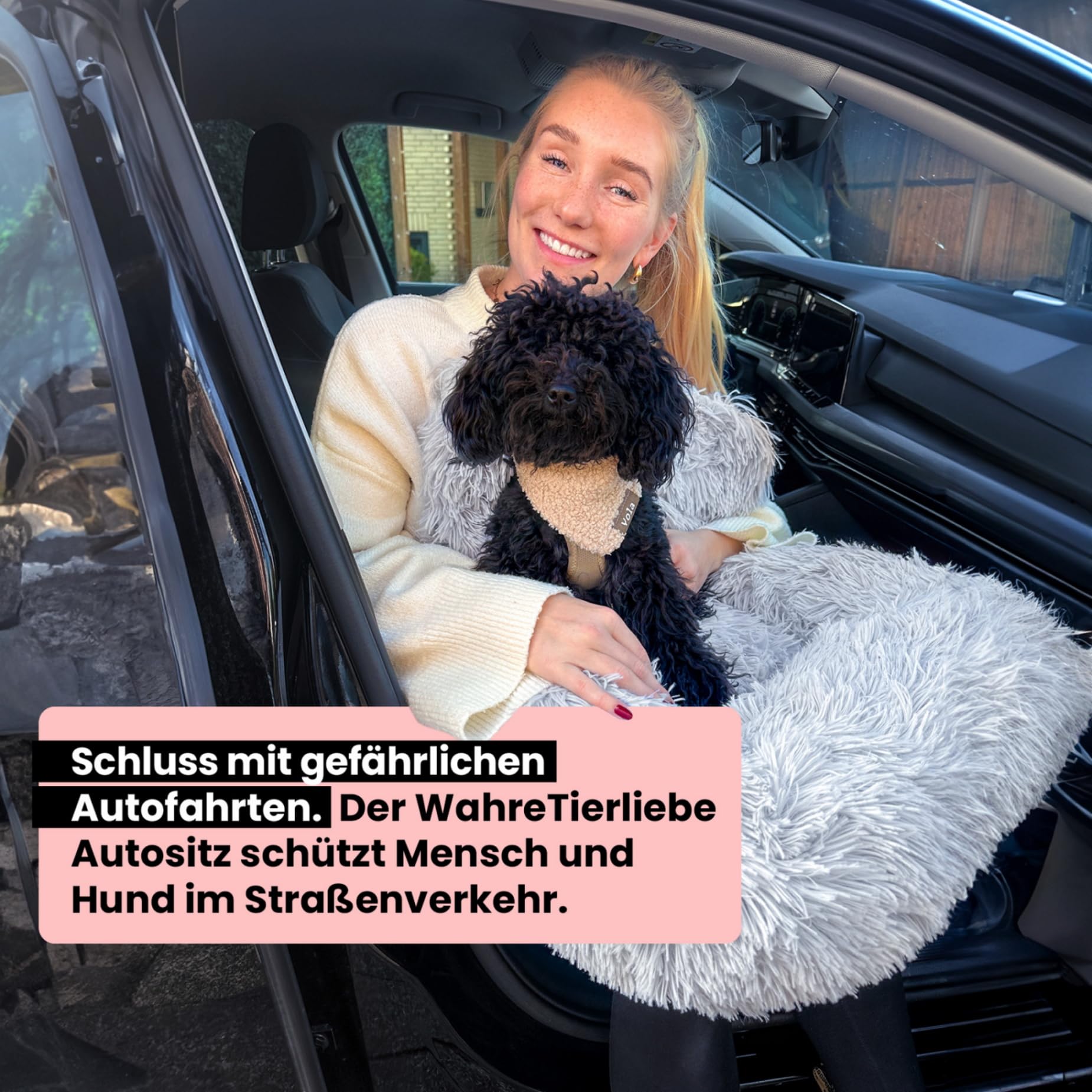 Wahre Tierliebe Hunde Autositz Fluffy inkl. Sicherheitsgurt - waschbarer Hundesitz Auto in schwarz/weiß für kleine, mittlere & große Hunde I Autositz Hund, Hundeautositz, Hund Auto, Hundebox