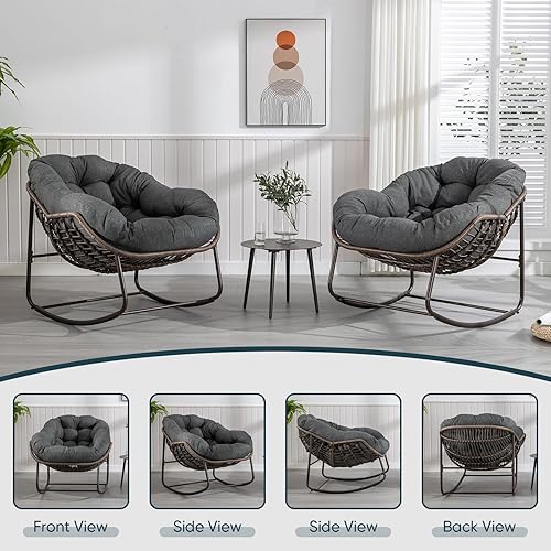 Miniatura 26 de Mecedora para exteriores, silla mecedora de huevos de mimbre de gran tamaño, para interiores y exteriores, cómoda silla mecedora con cojín grueso